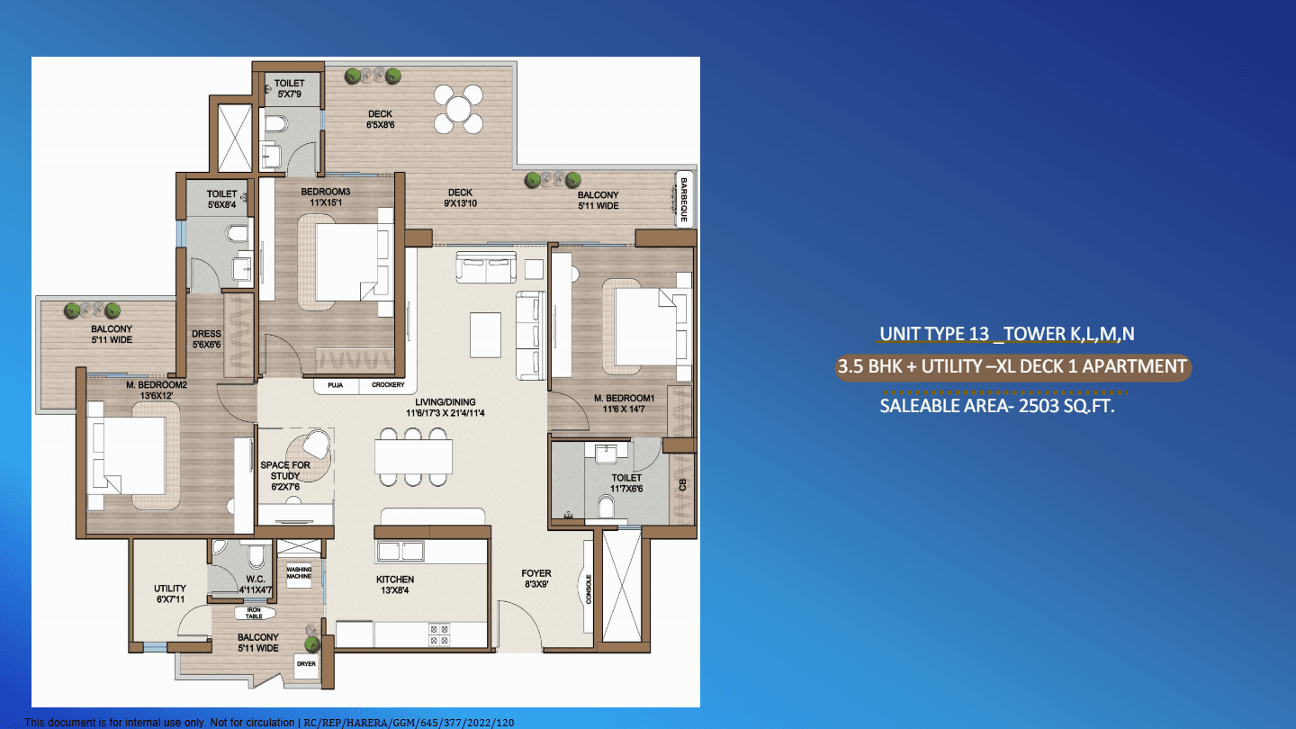 3 BHK floor plan variation 5