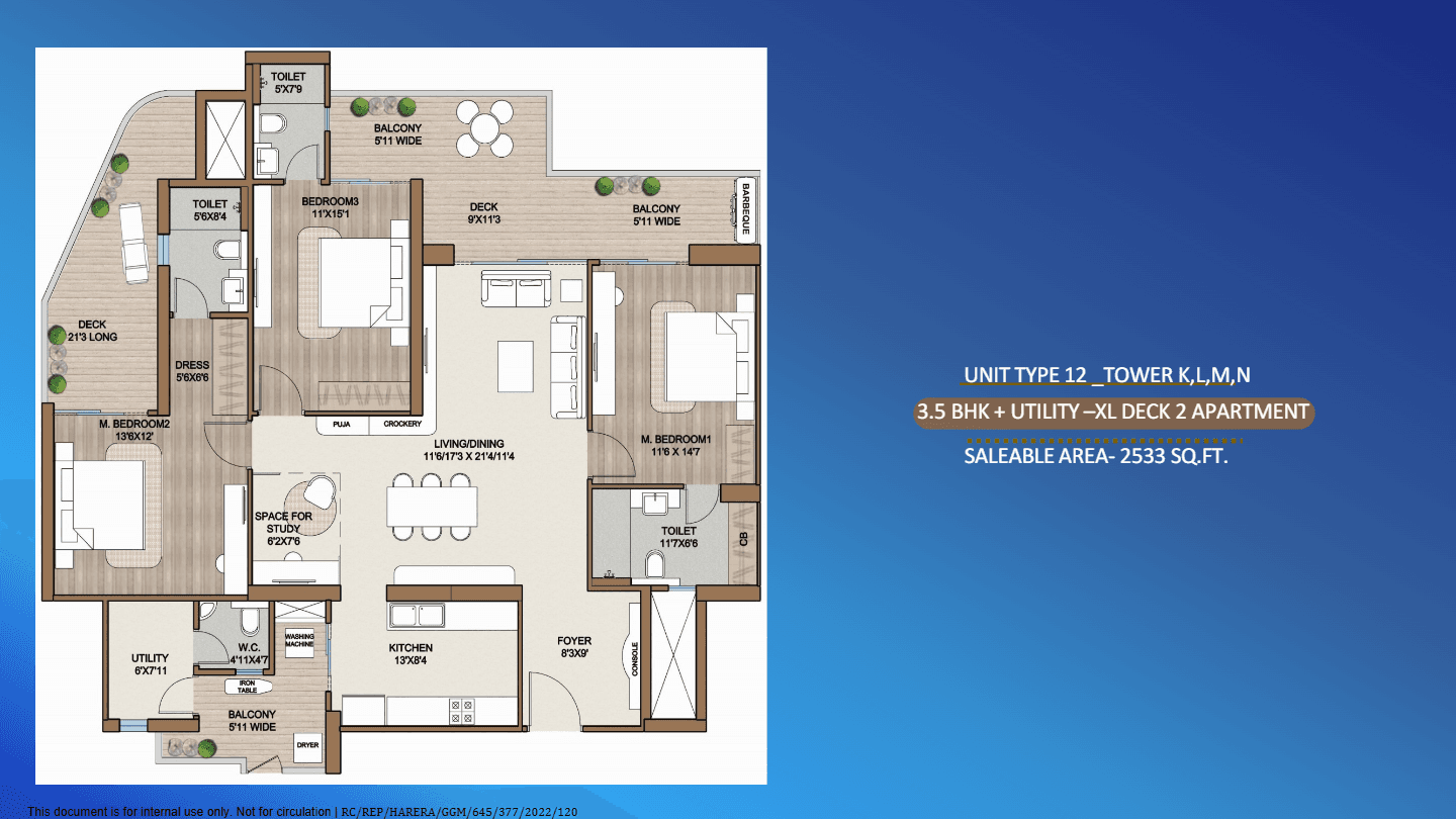 3 BHK floor plan variation 4