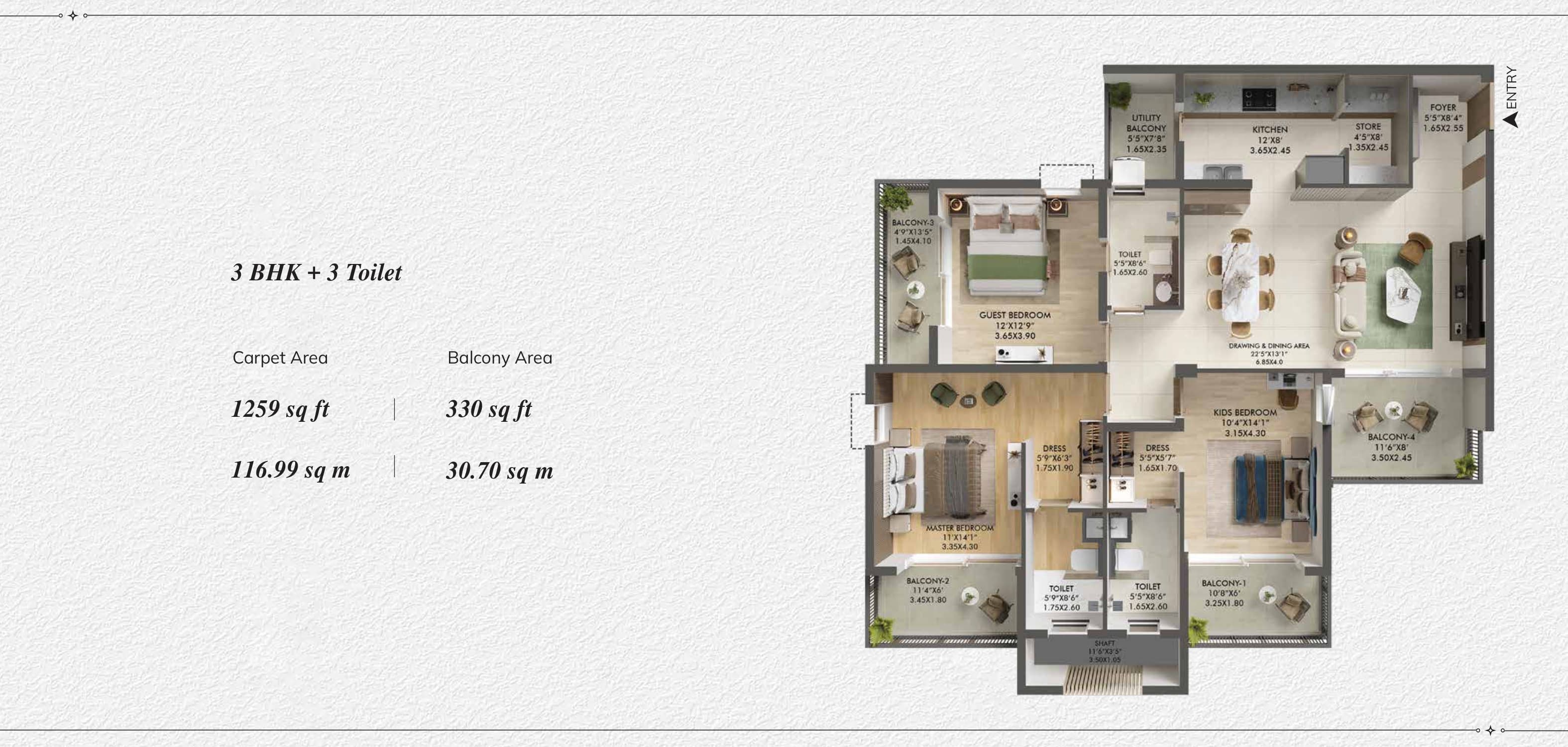 3 BHK floor plan variation 3