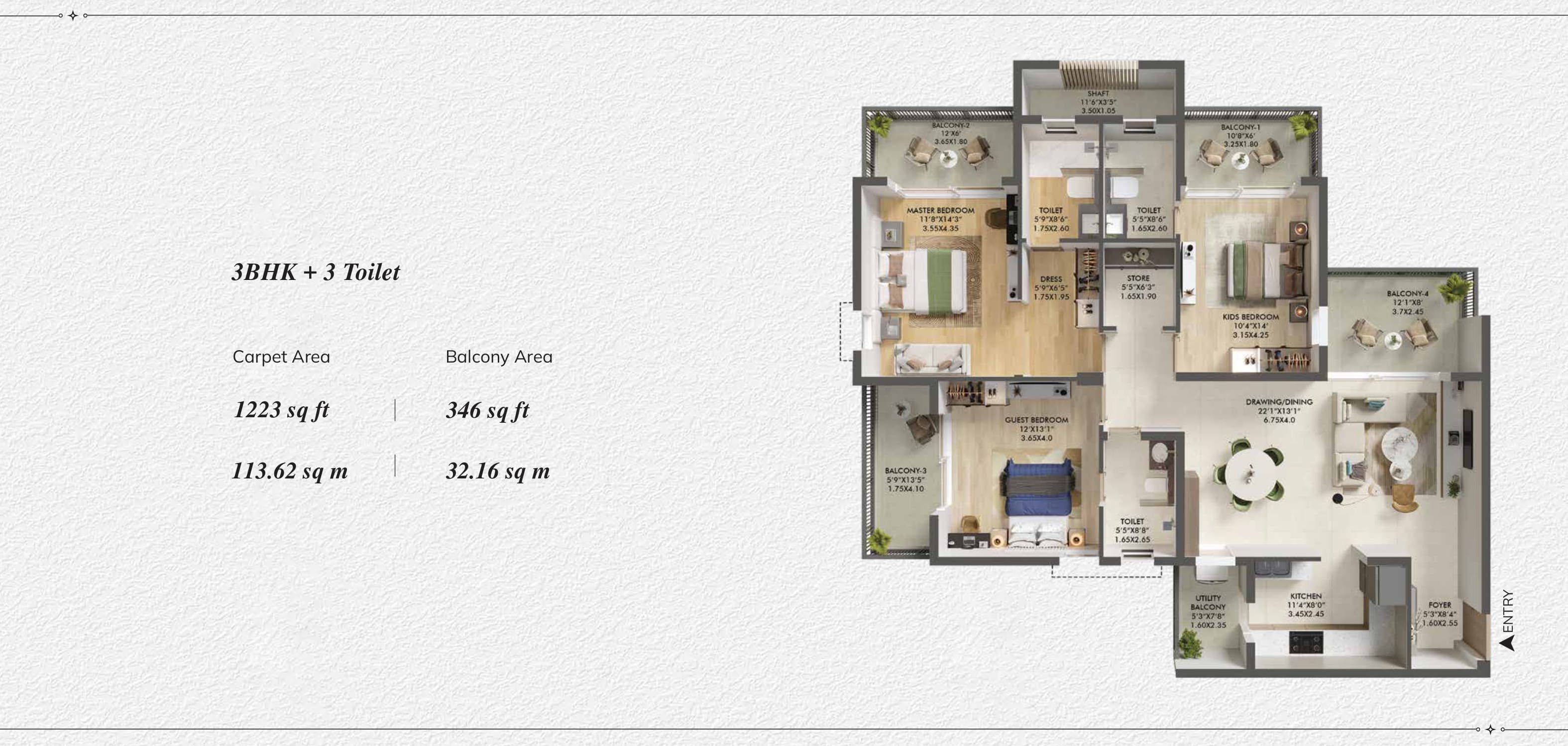 3 BHK floor plan variation 2