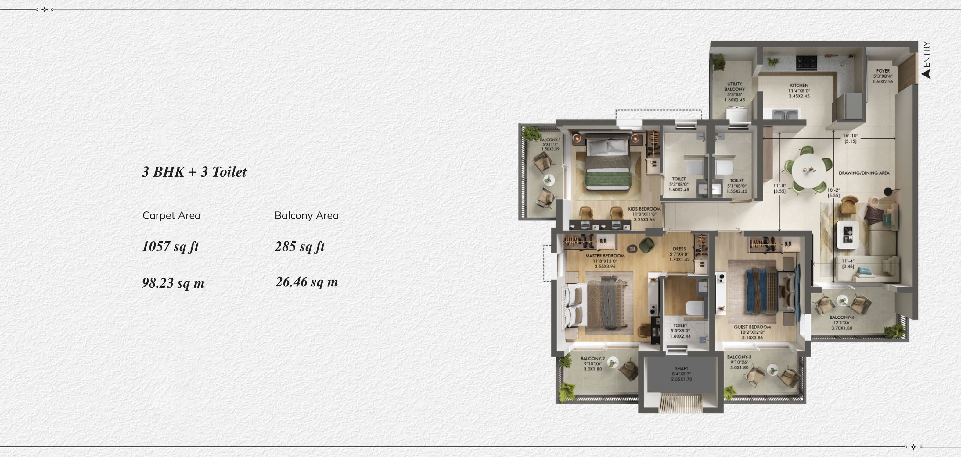 3 BHK floor plan variation 1
