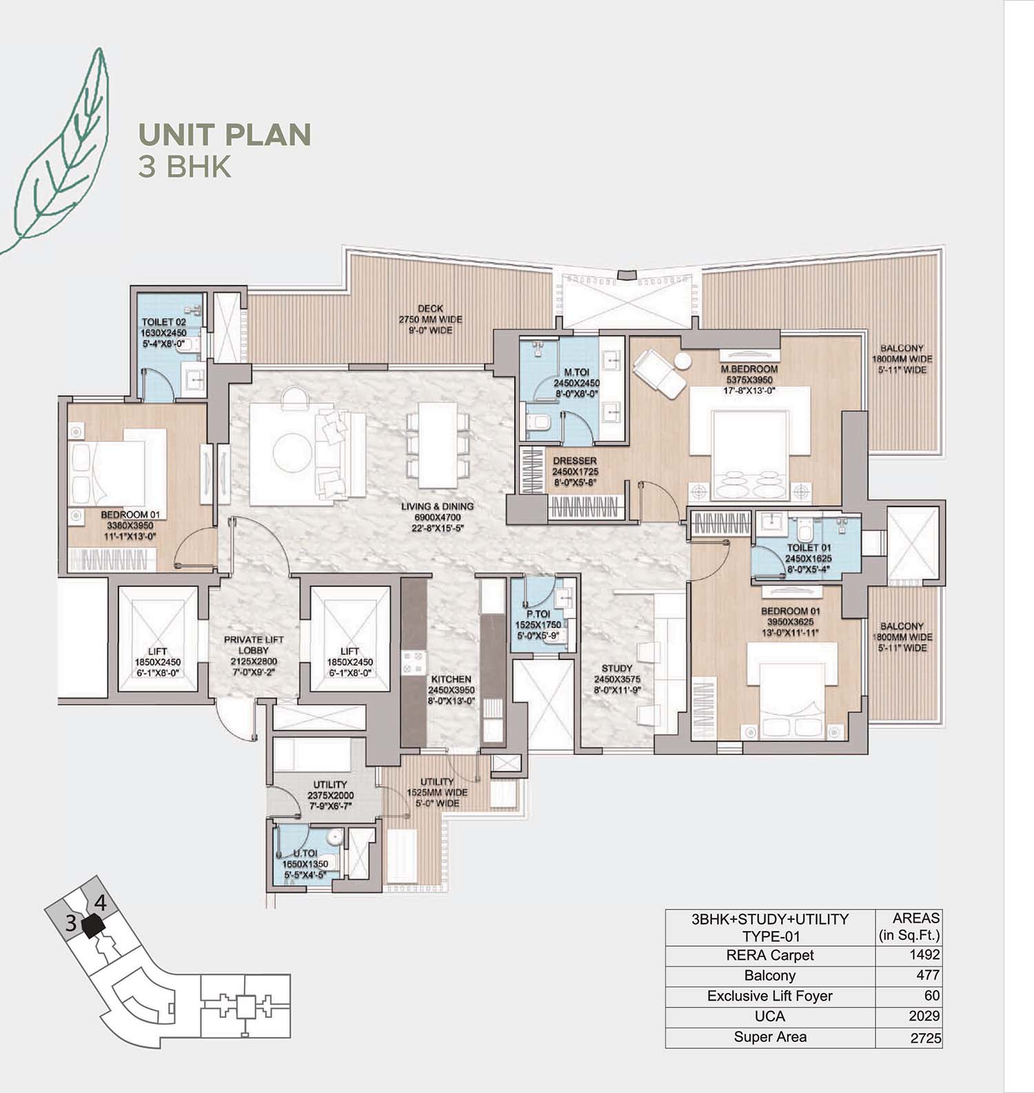 3 BHK floor plan variation 1