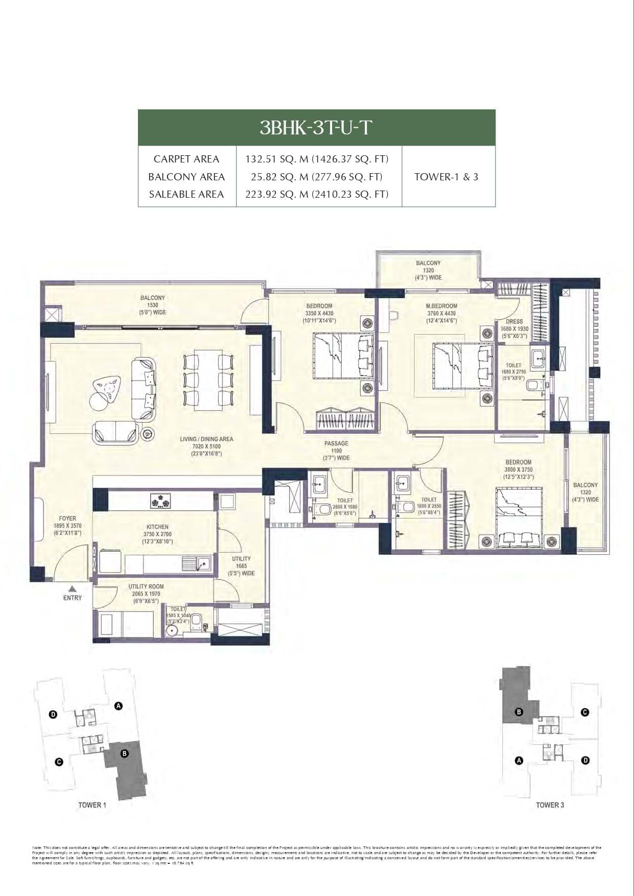 3 BHK floor plan variation 2