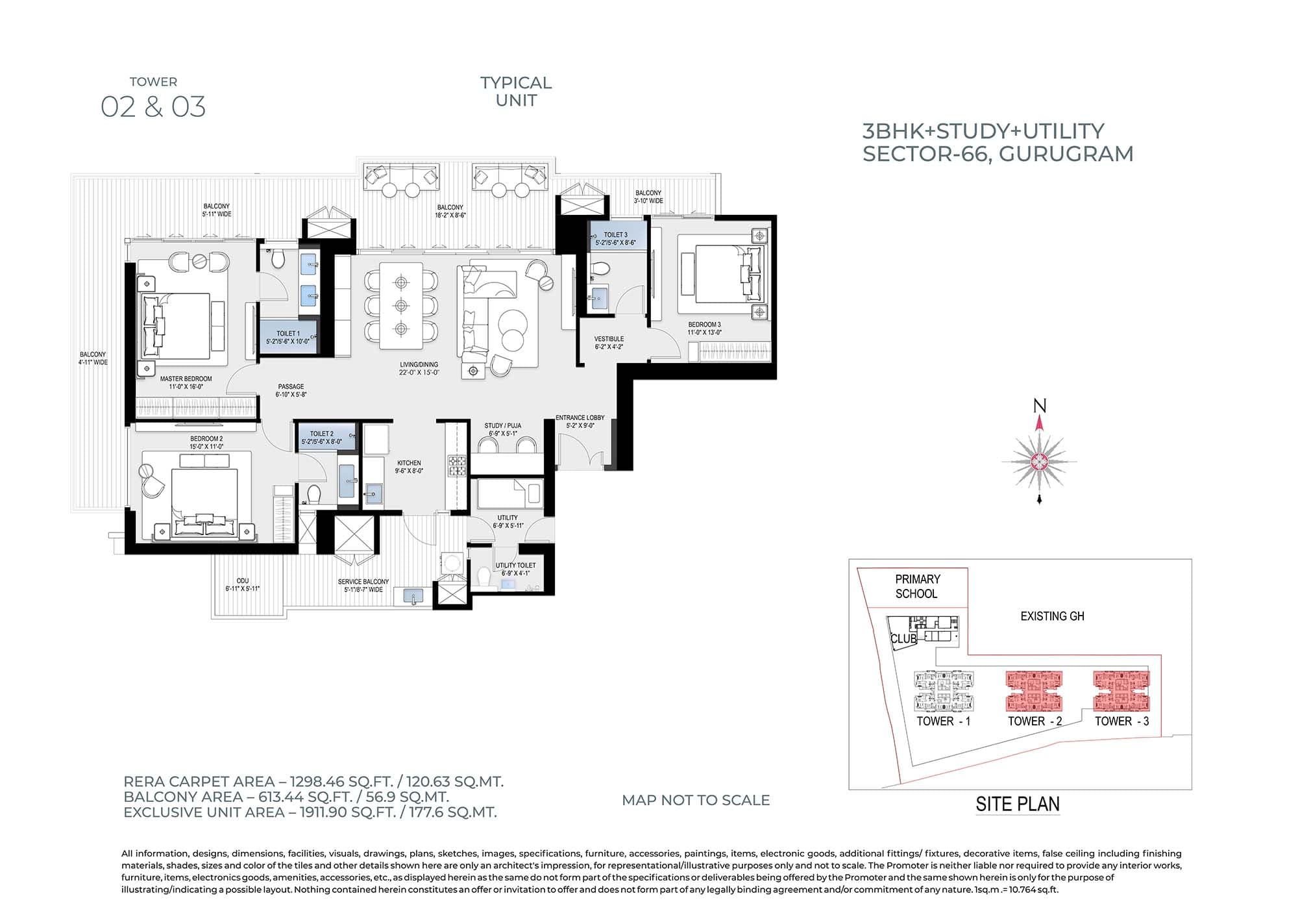 3 BHK floor plan variation 2