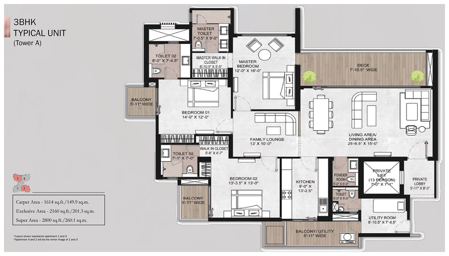 3 BHK floor plan variation 1