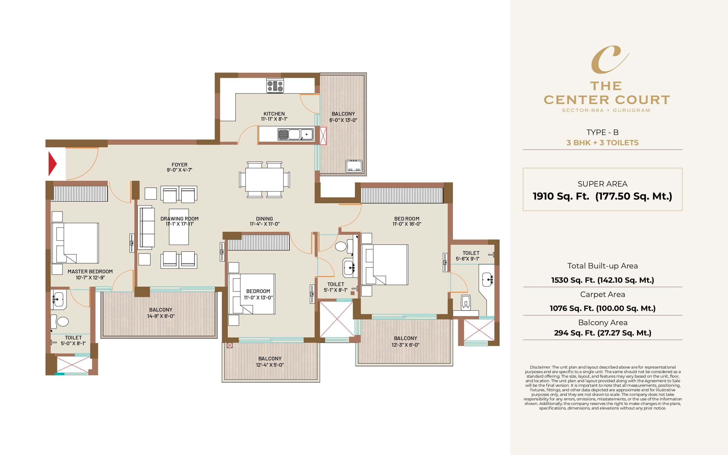 3 BHK floor plan variation 2
