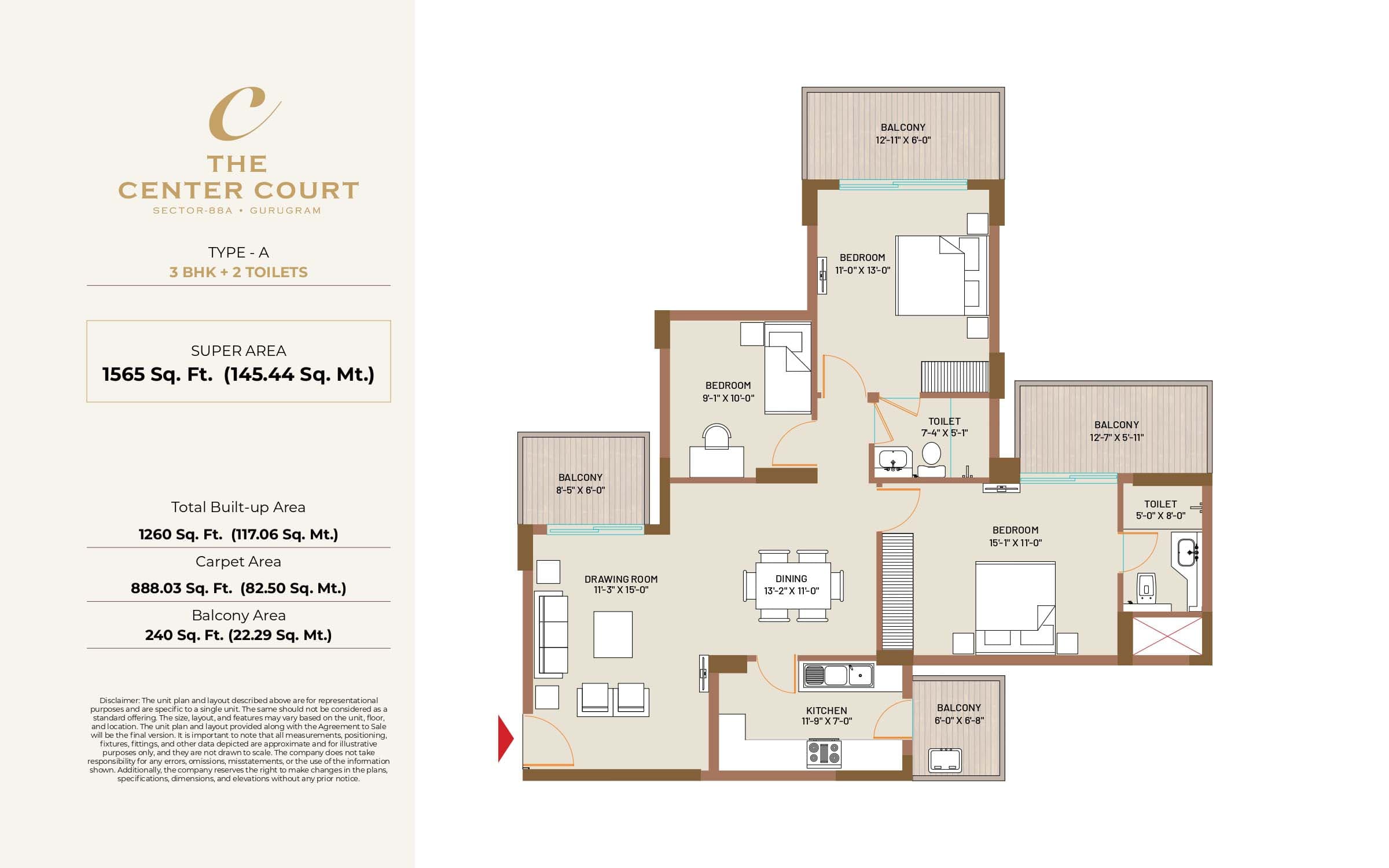 3 BHK floor plan variation 1