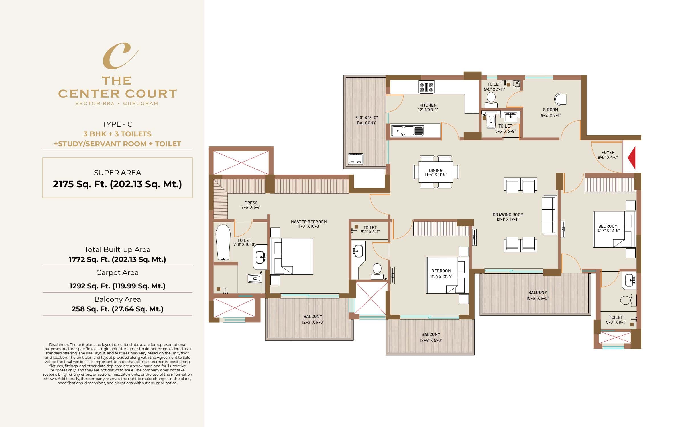 3 BHK floor plan variation 3