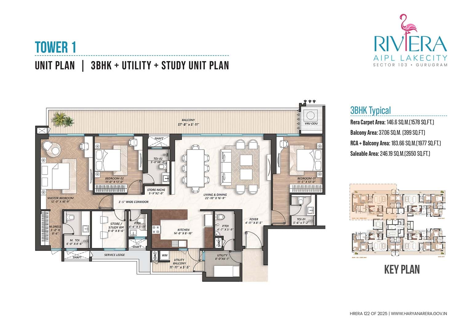 3 BHK floor plan variation 1