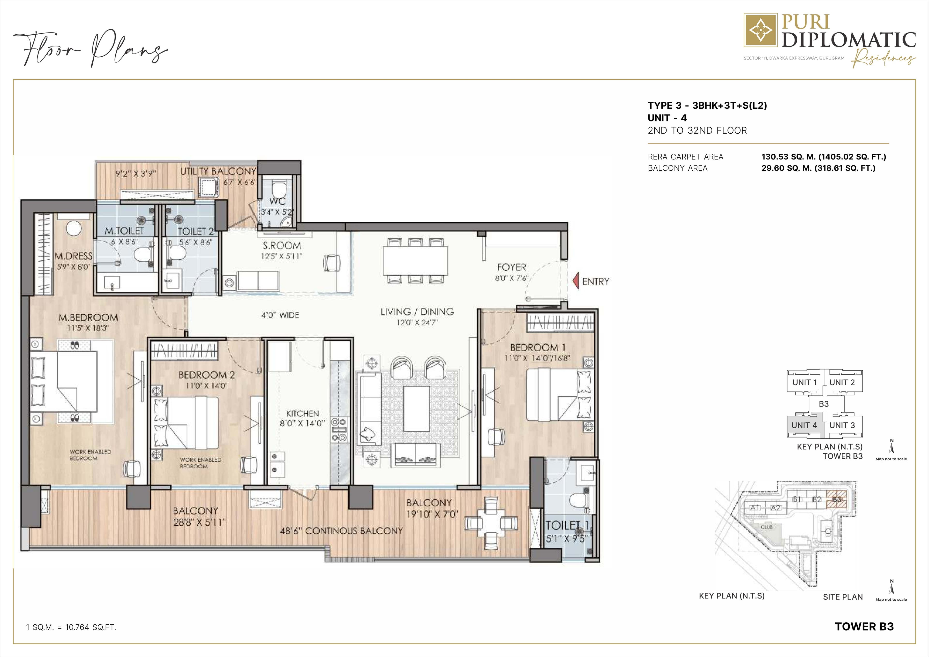 3 BHK floor plan variation 3