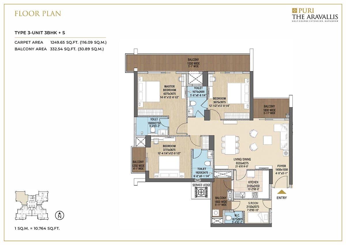 3 BHK floor plan variation 1