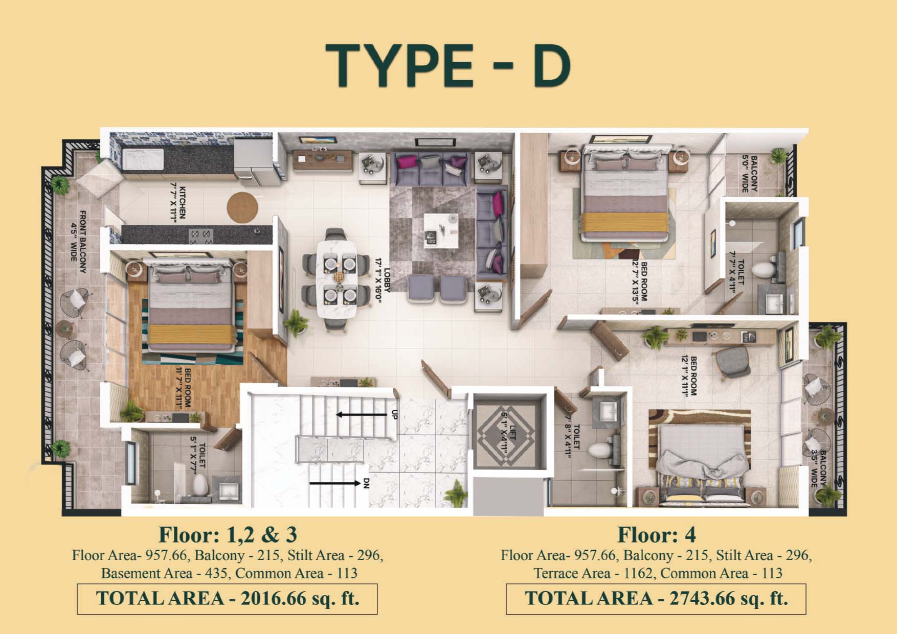 3 BHK floor plan variation 3