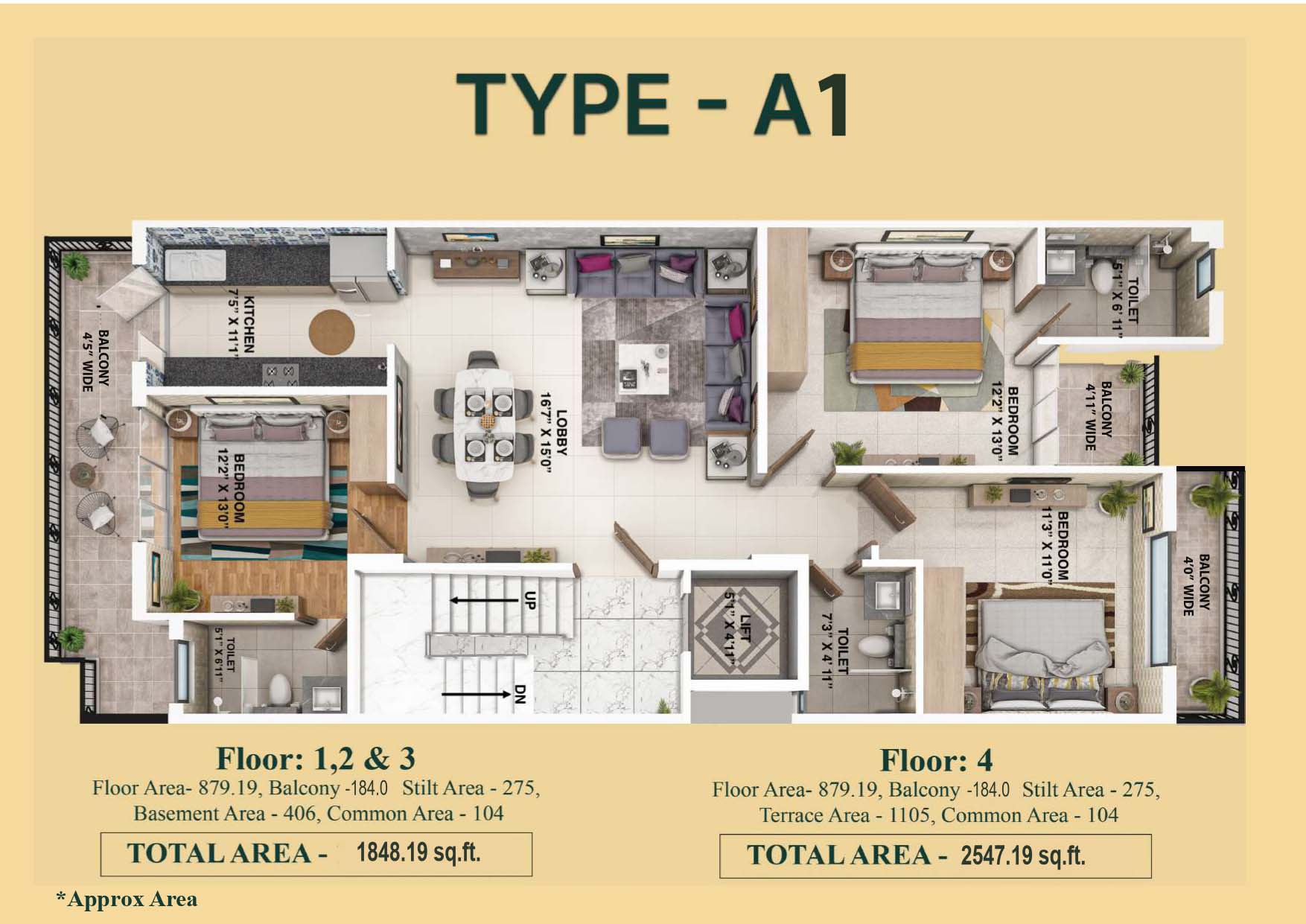 3 BHK floor plan variation 1