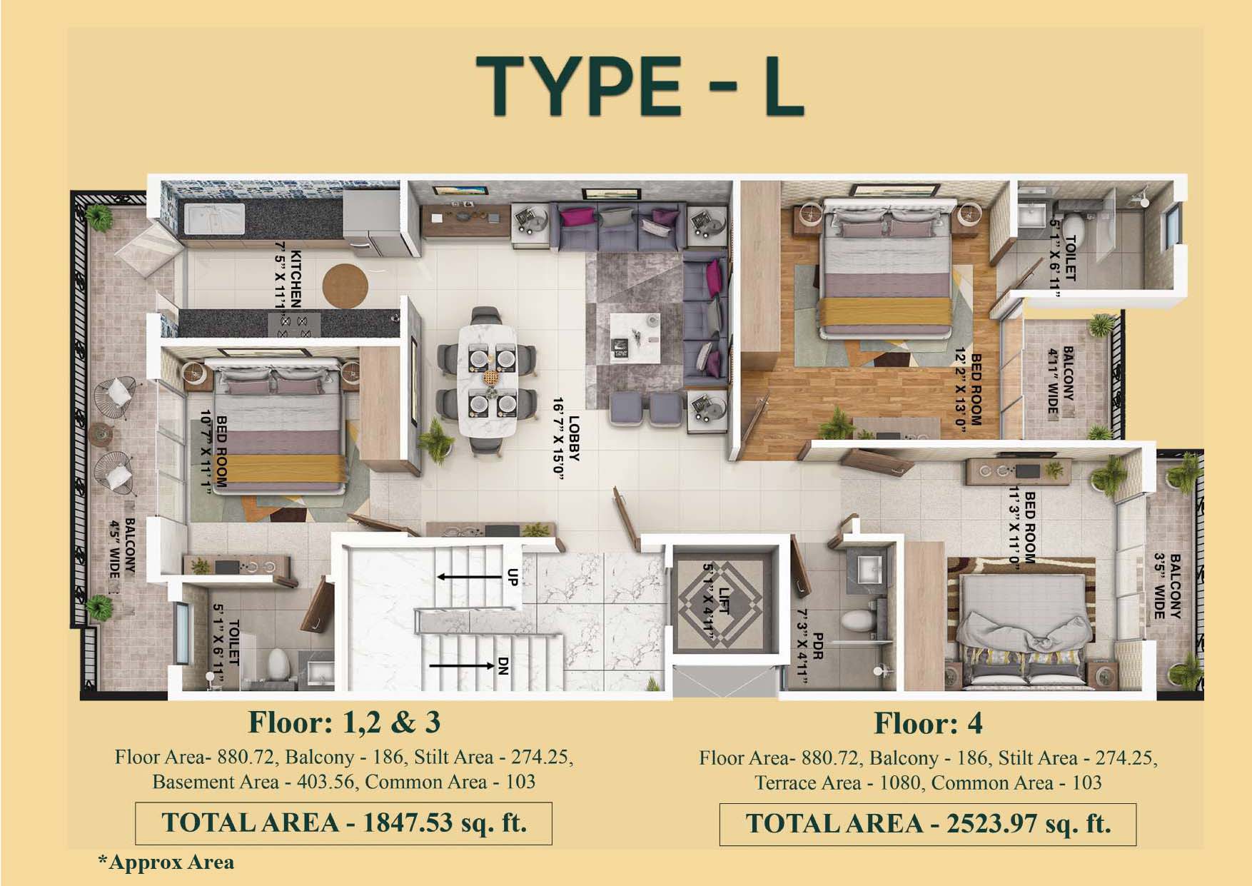 3 BHK floor plan variation 5