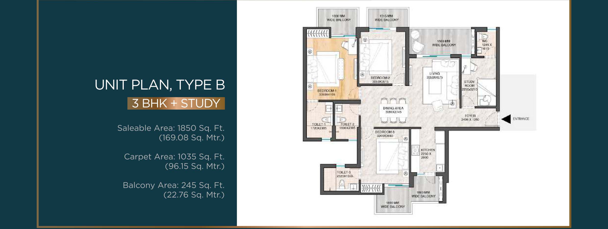 3 BHK floor plan variation 1