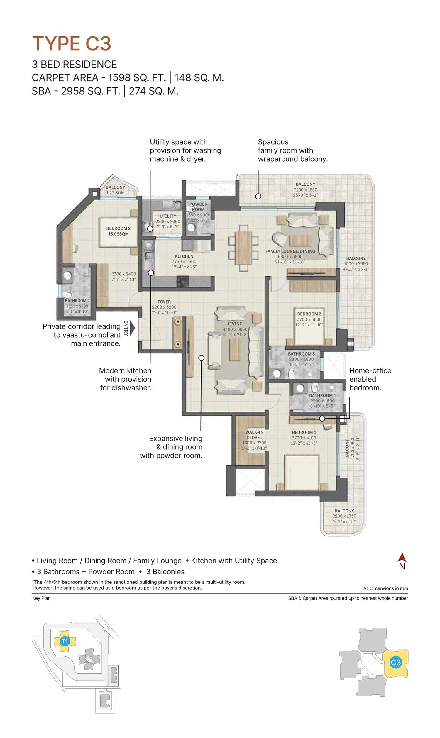 3 BHK floor plan variation 1