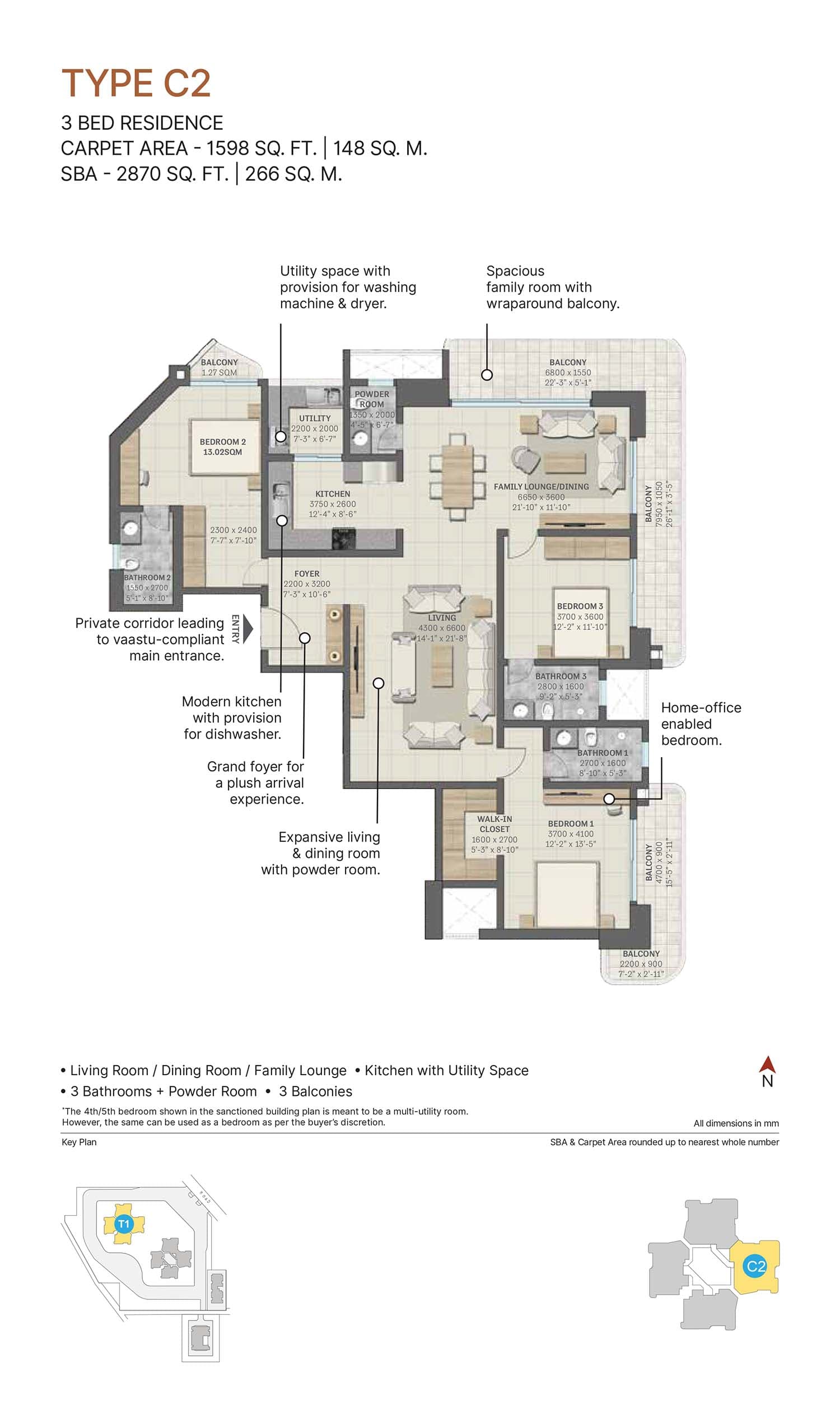3 BHK floor plan variation 2