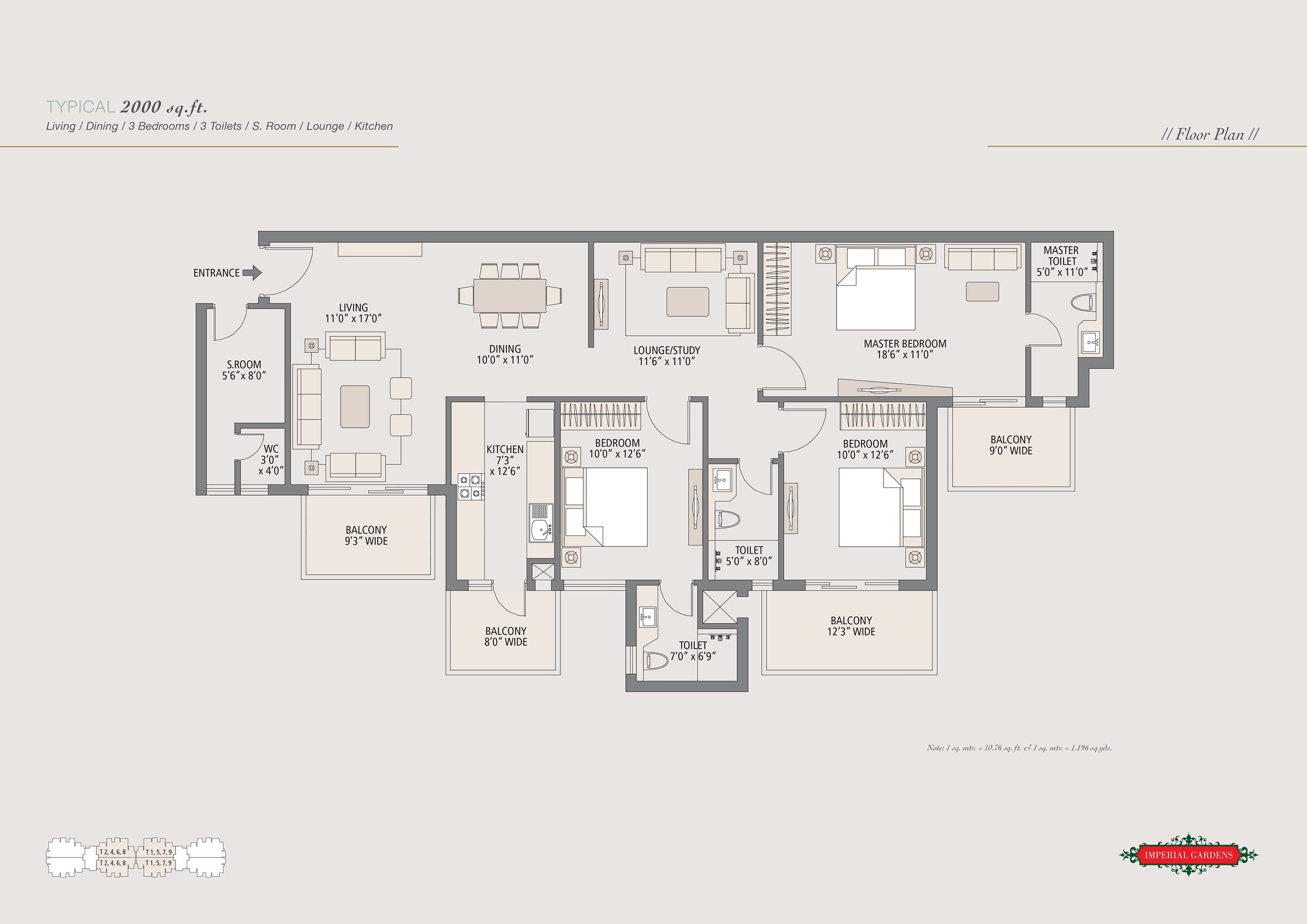 3 BHK floor plan variation 2