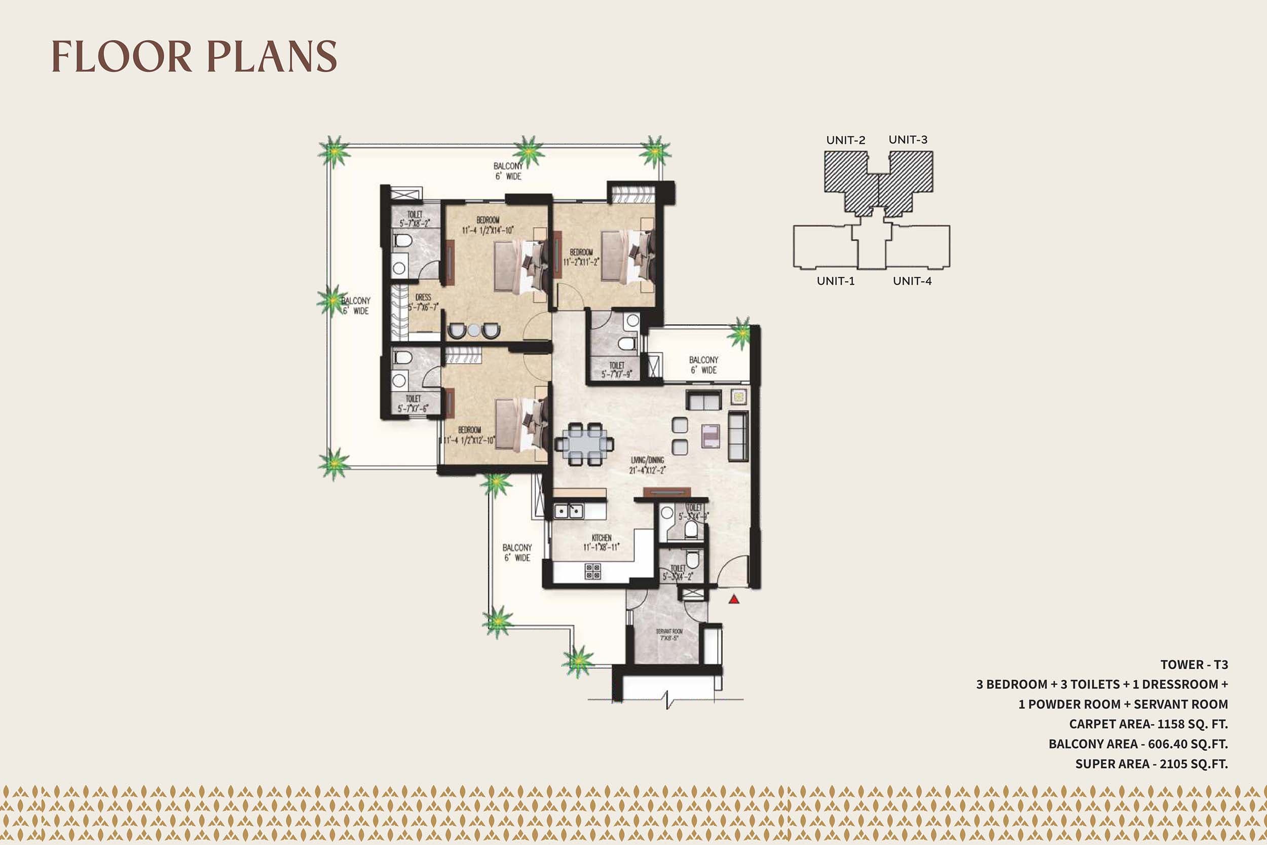 3 BHK floor plan variation 4