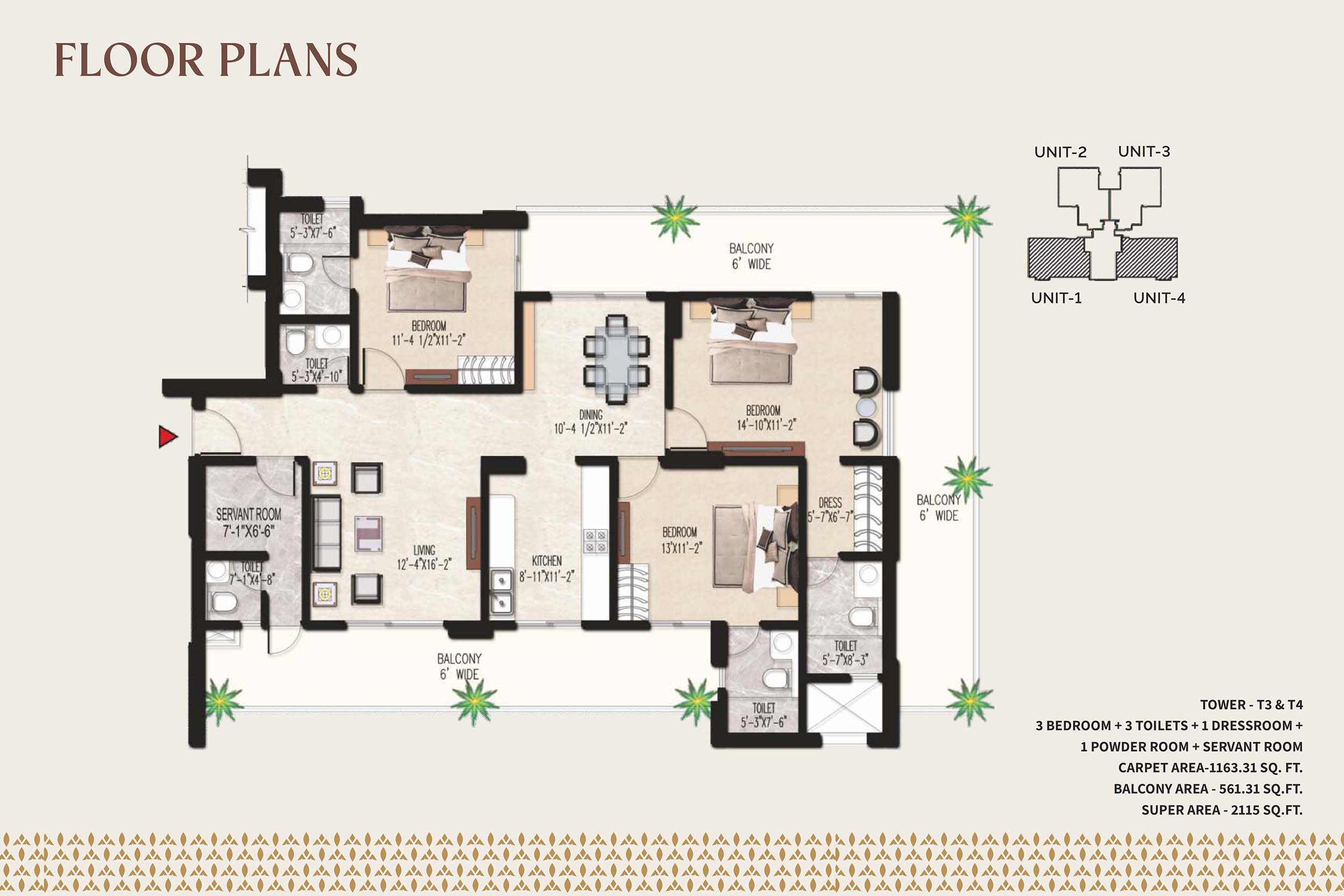 3 BHK floor plan variation 3