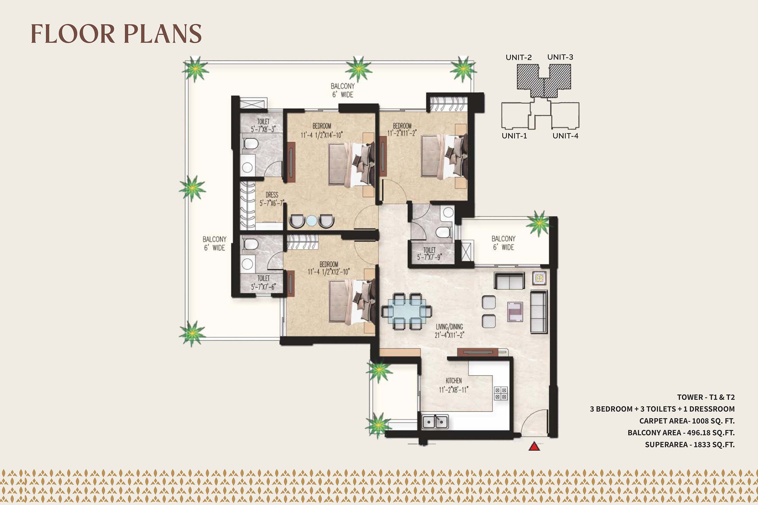 3 BHK floor plan variation 2