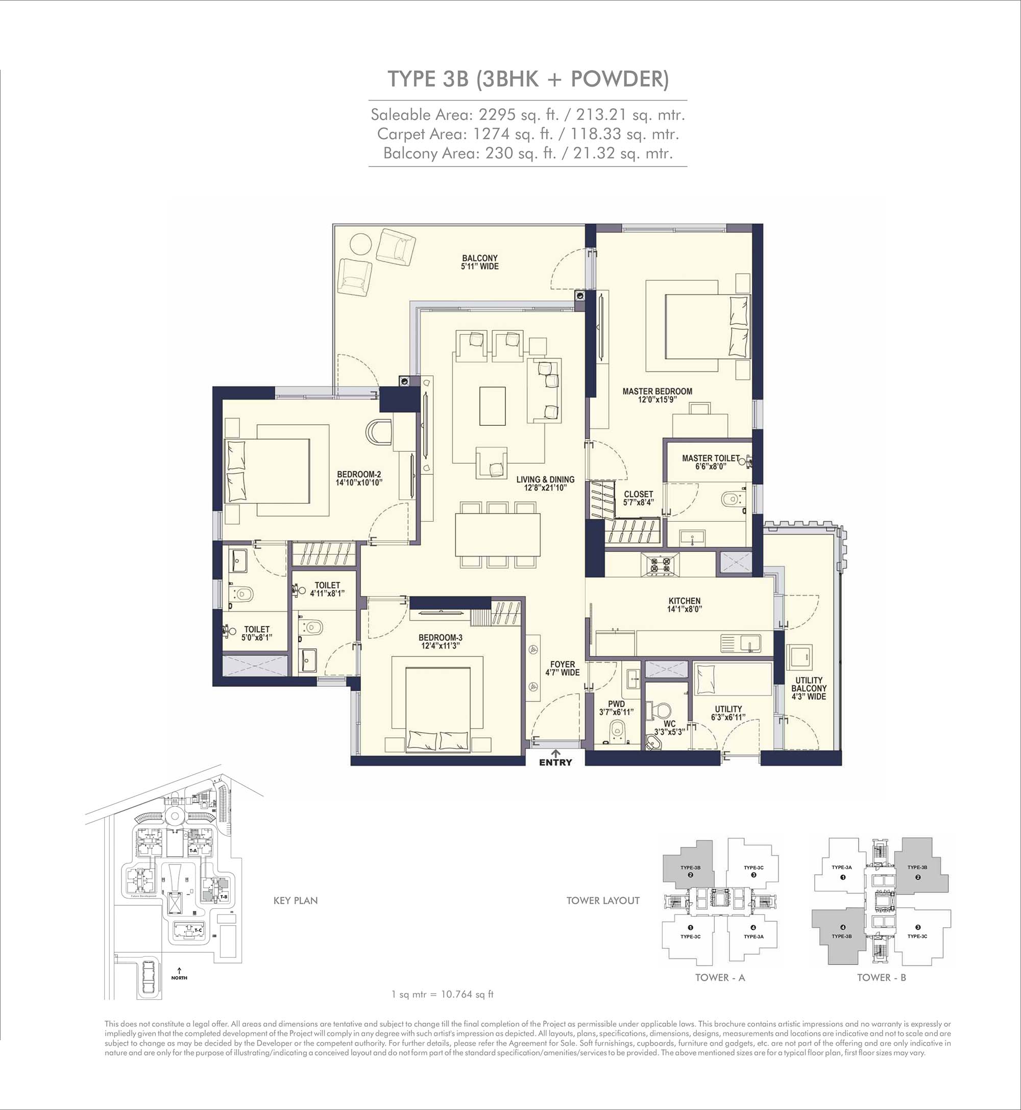 3 BHK floor plan variation 2