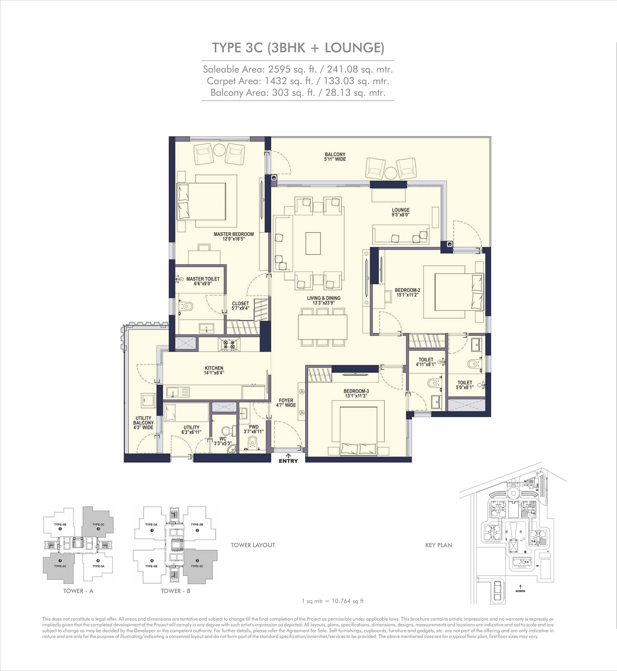 3 BHK floor plan variation 3