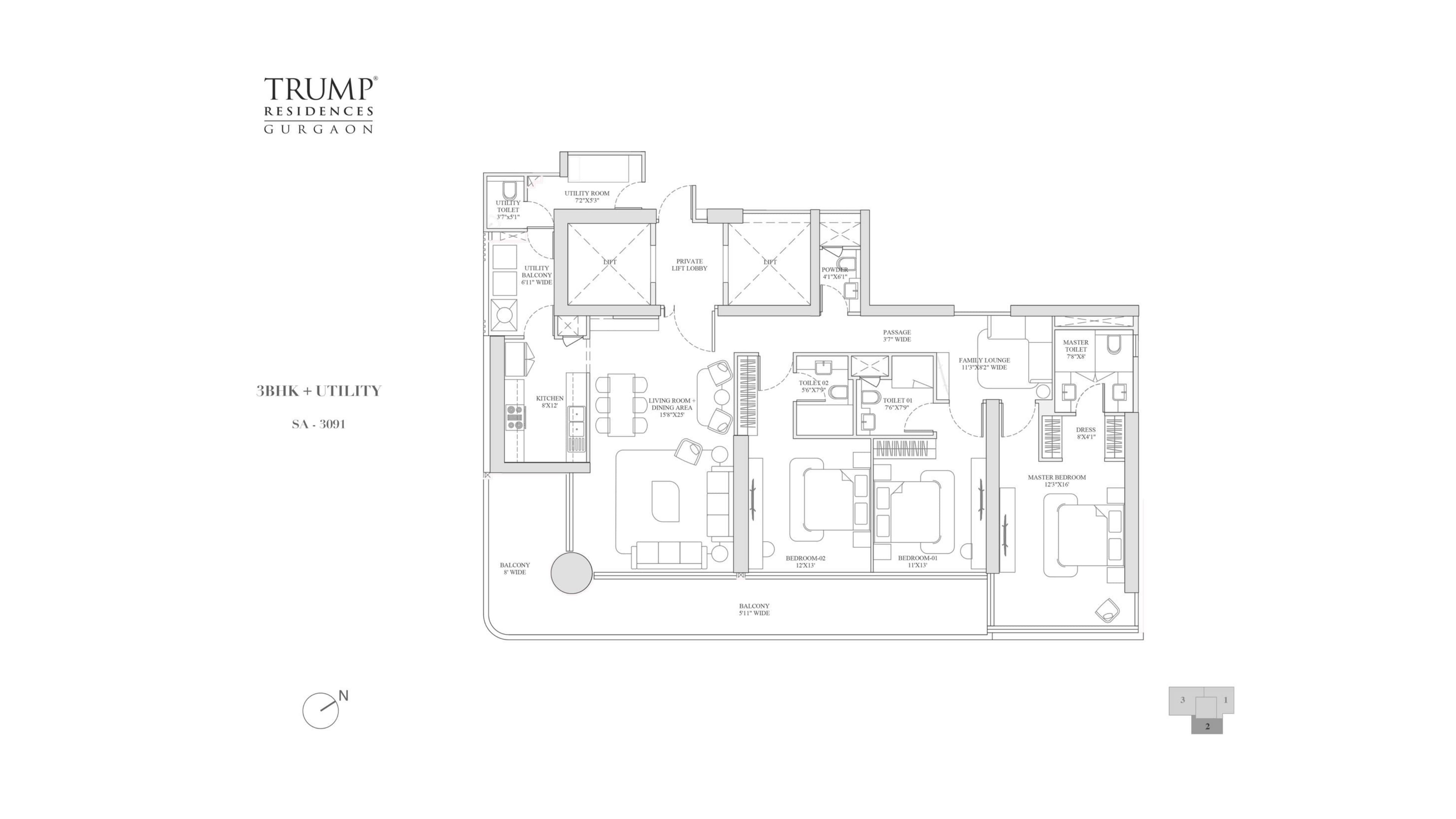 3 BHK floor plan variation 1