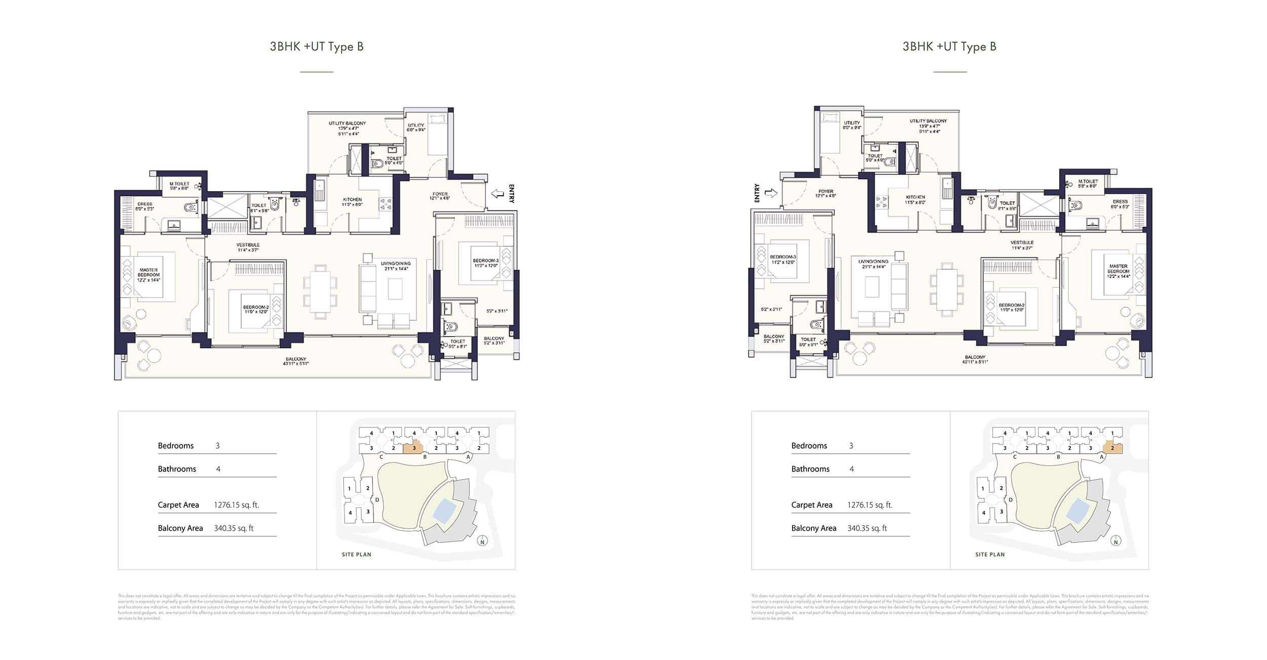 3 BHK floor plan variation 3