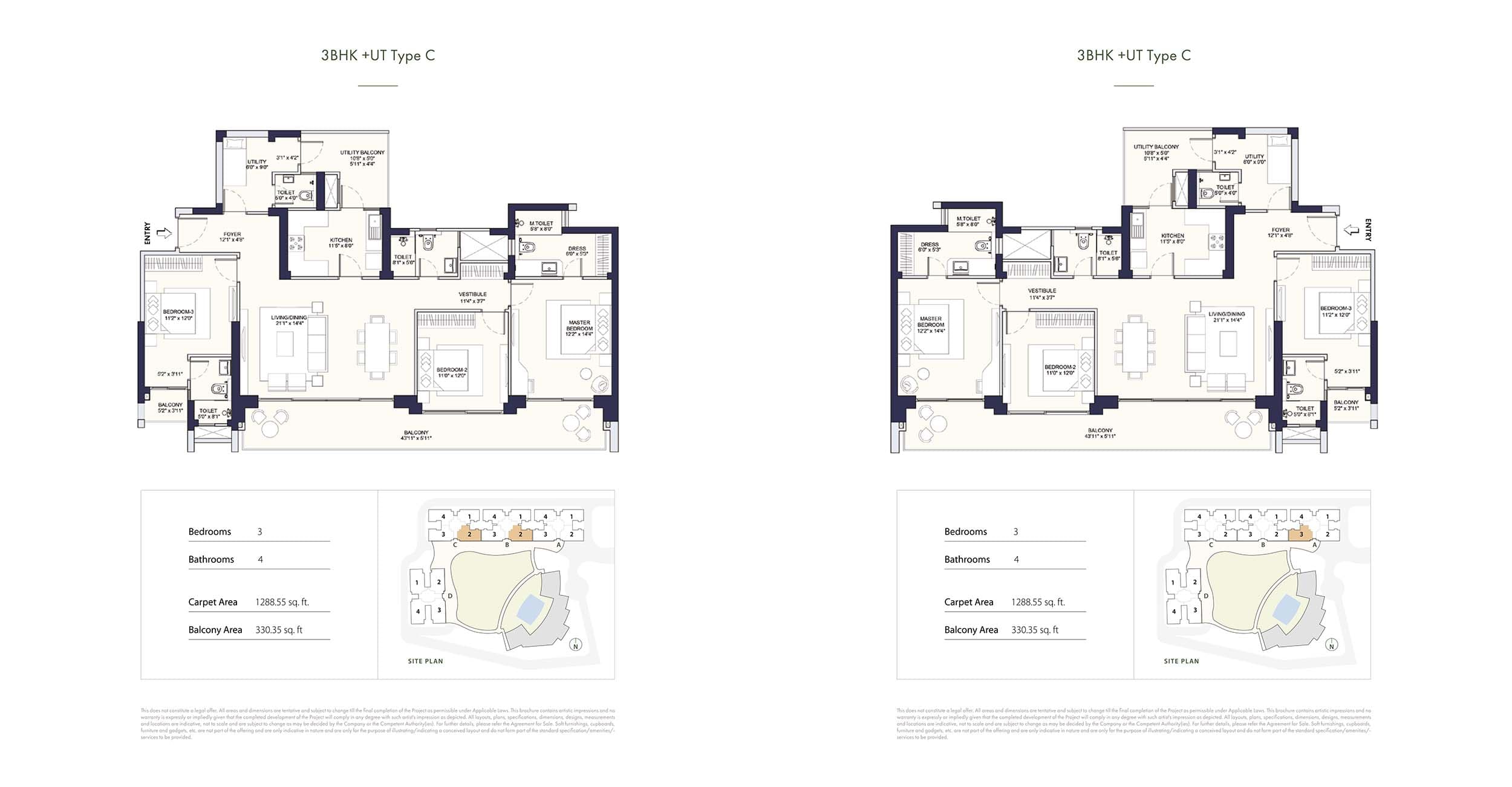 3 BHK floor plan variation 2