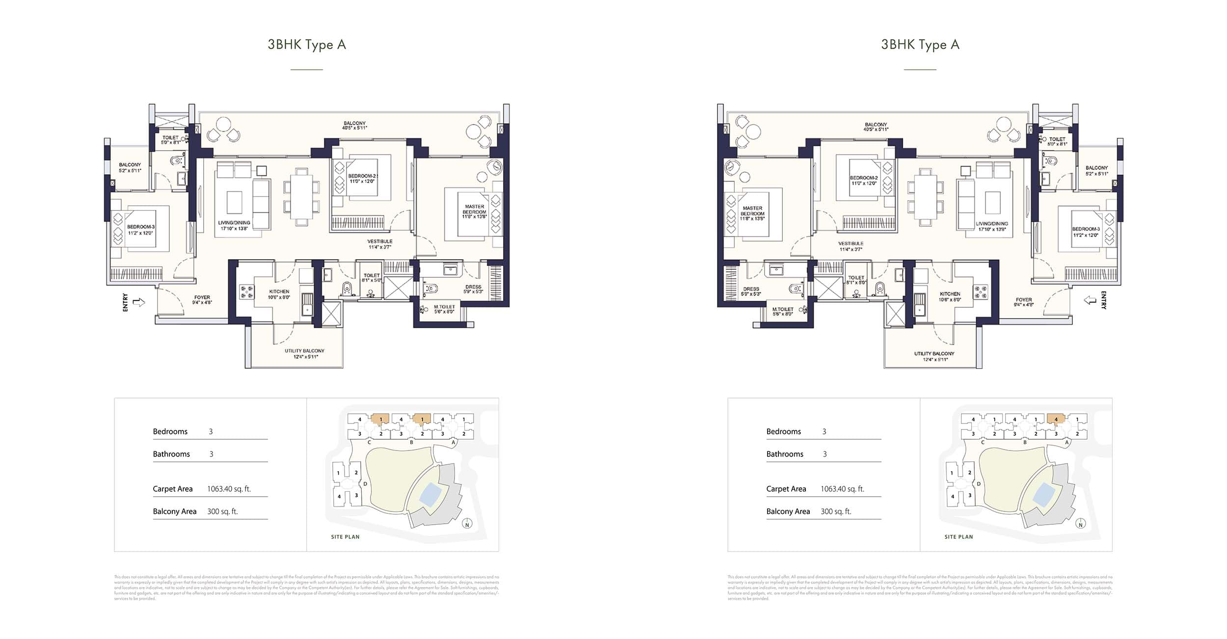 3 BHK floor plan variation 4