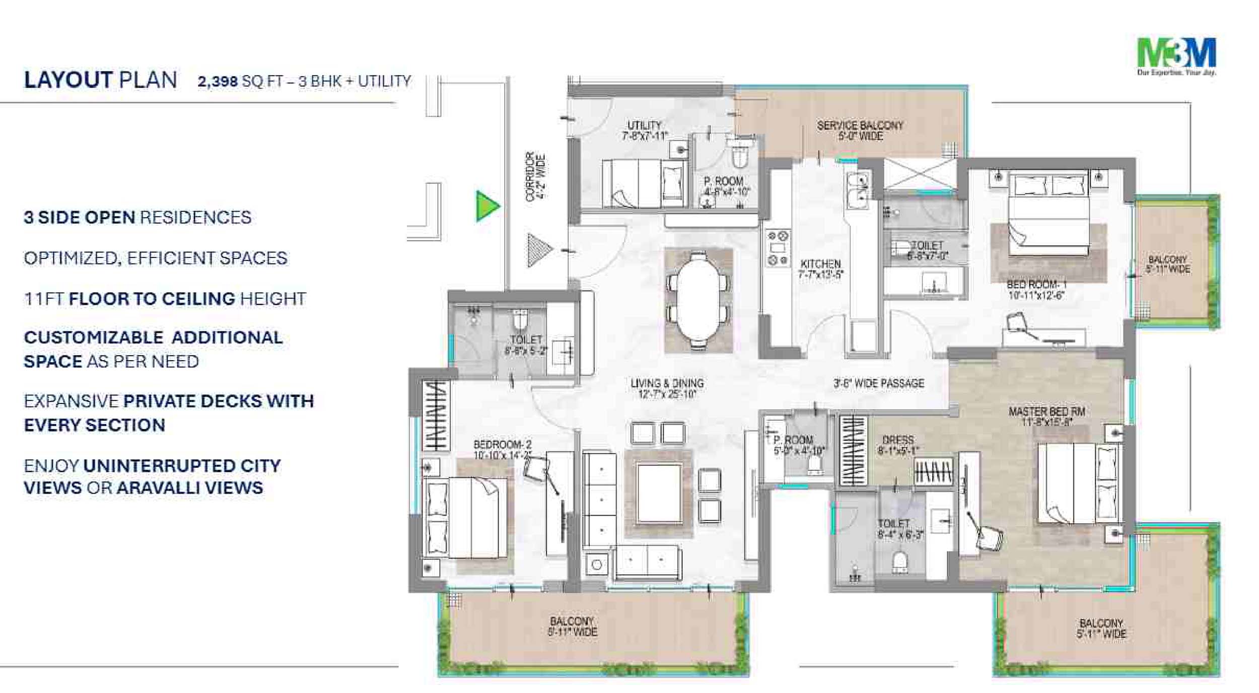 3 BHK floor plan variation 1