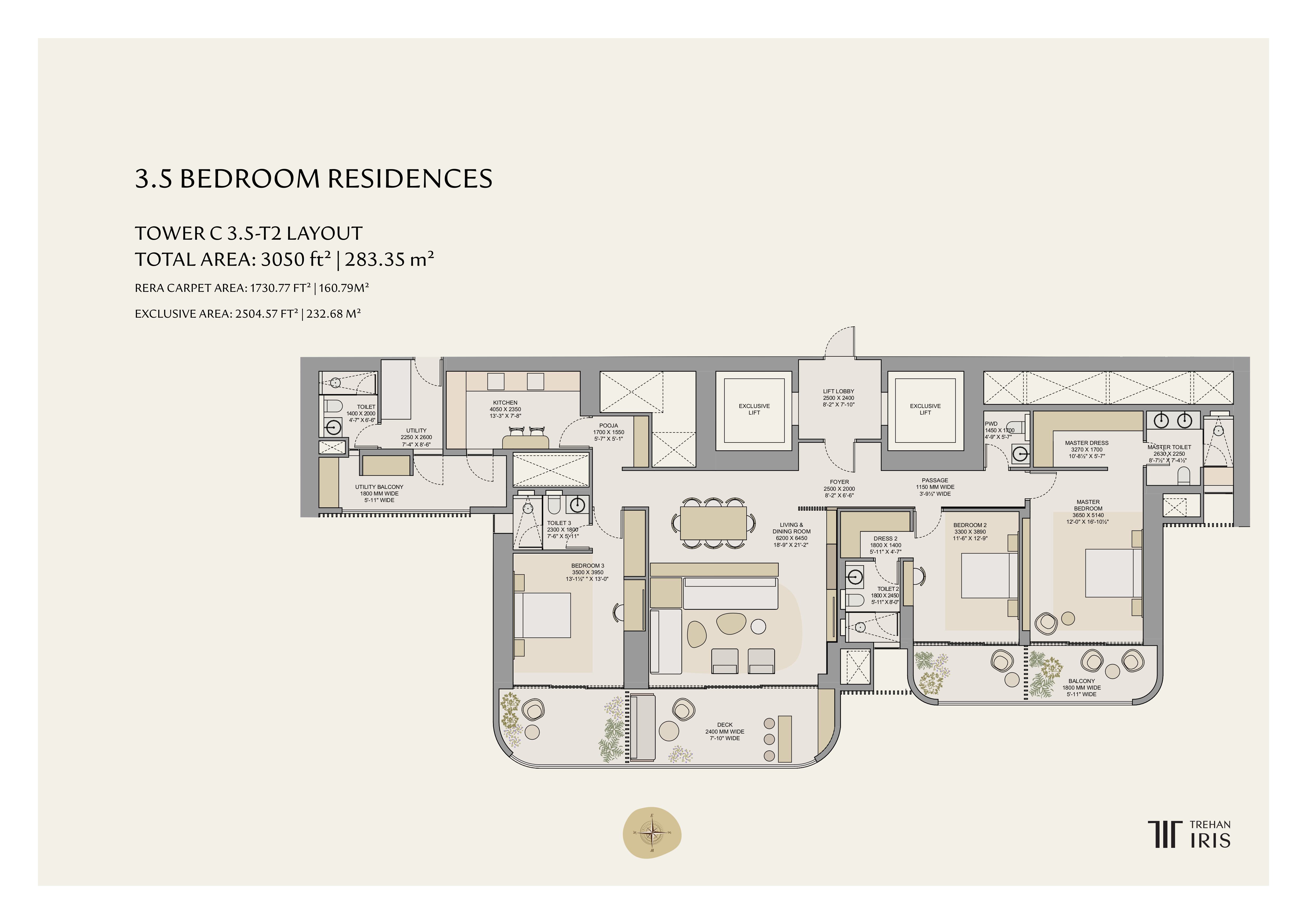 3 BHK floor plan variation 3