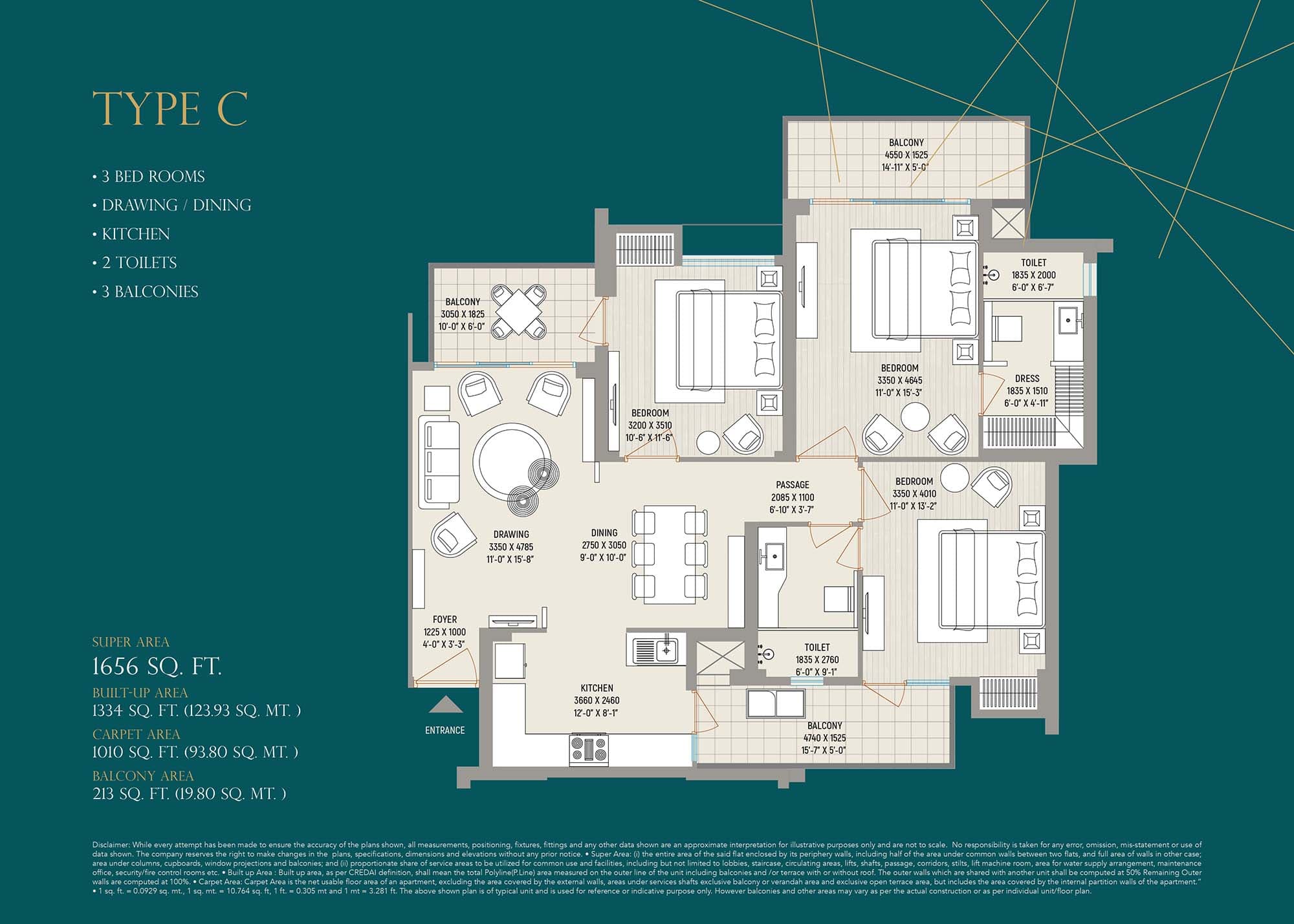 3 BHK floor plan variation 1