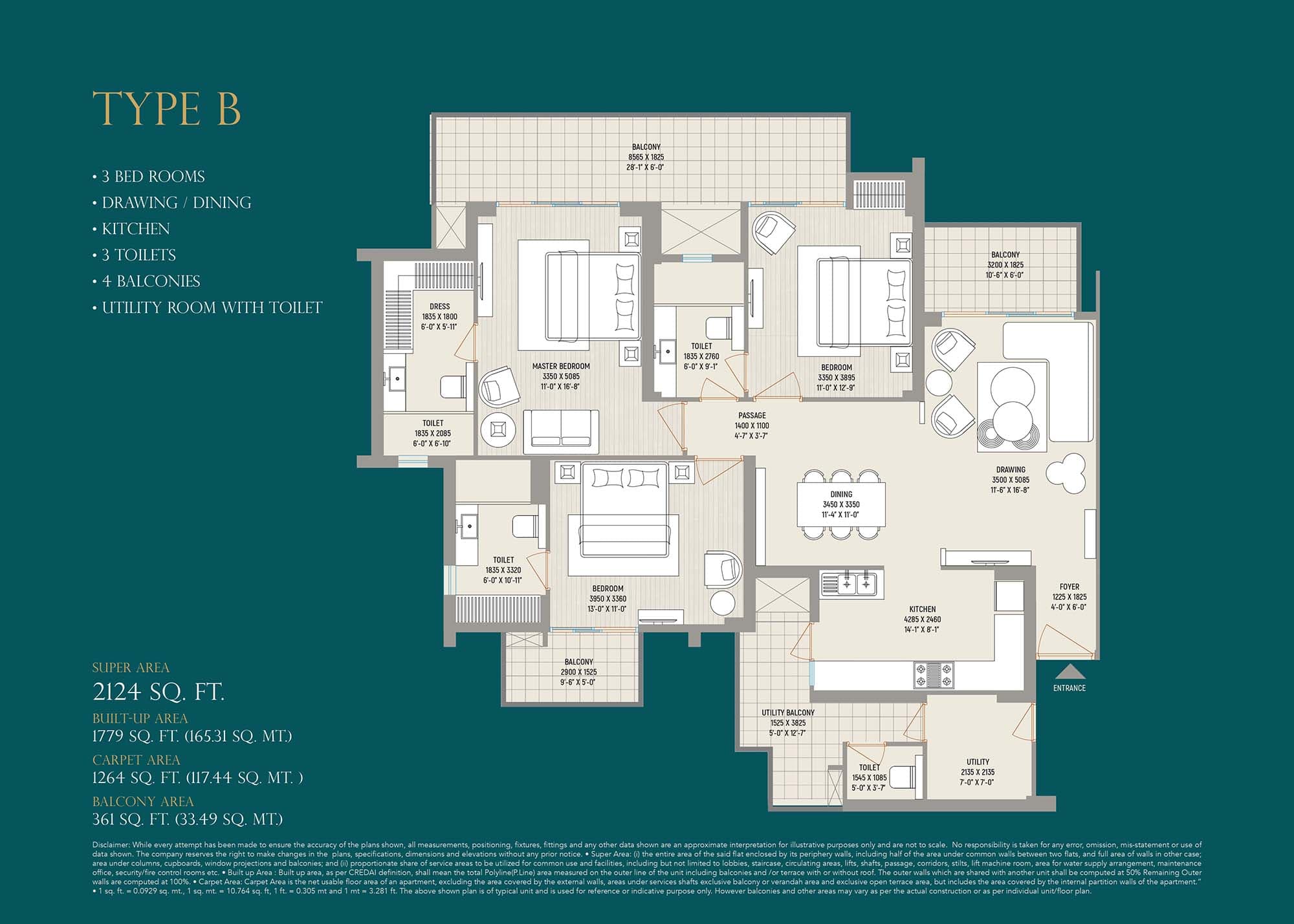 3 BHK floor plan variation 2