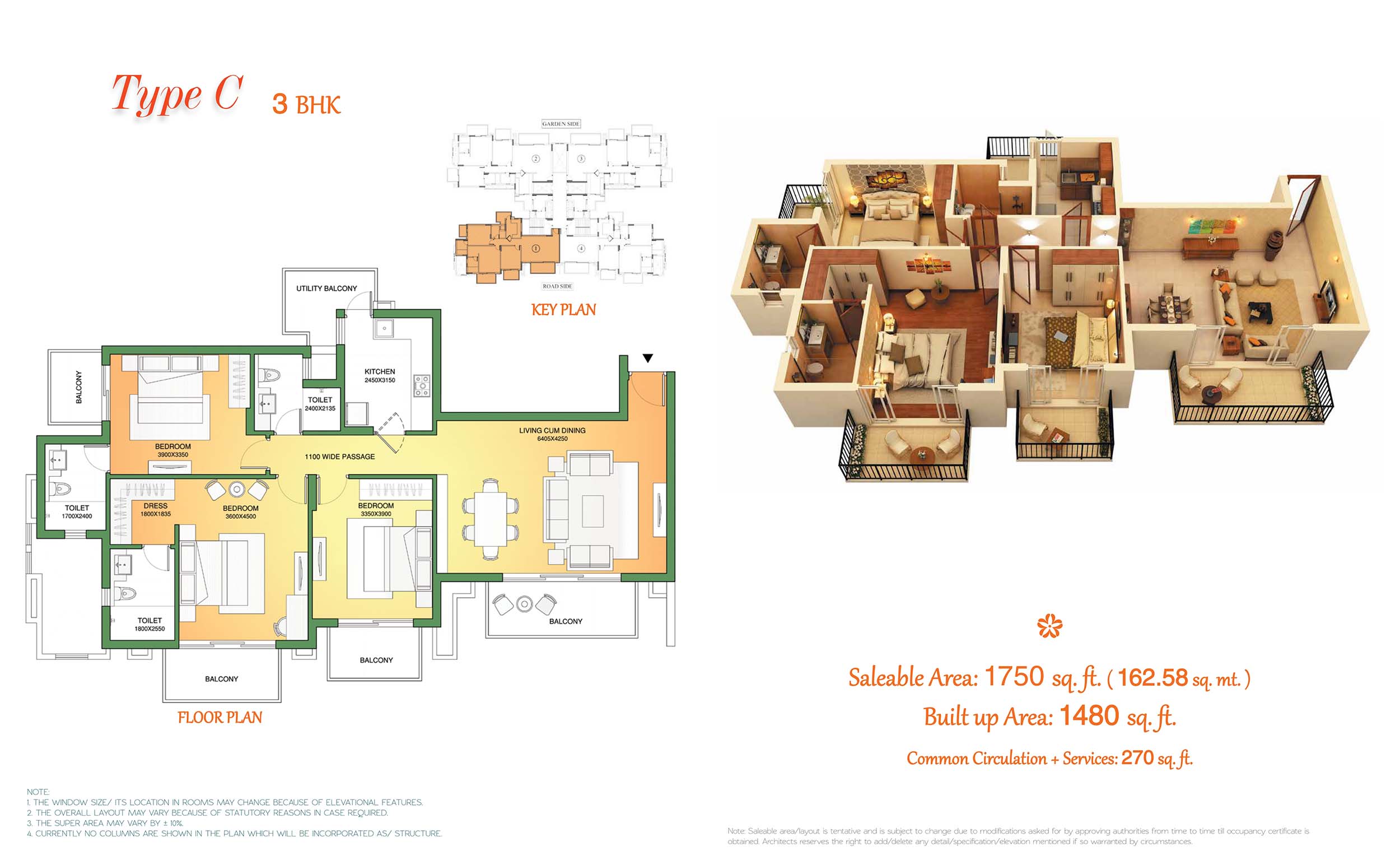 3 BHK floor plan variation 3