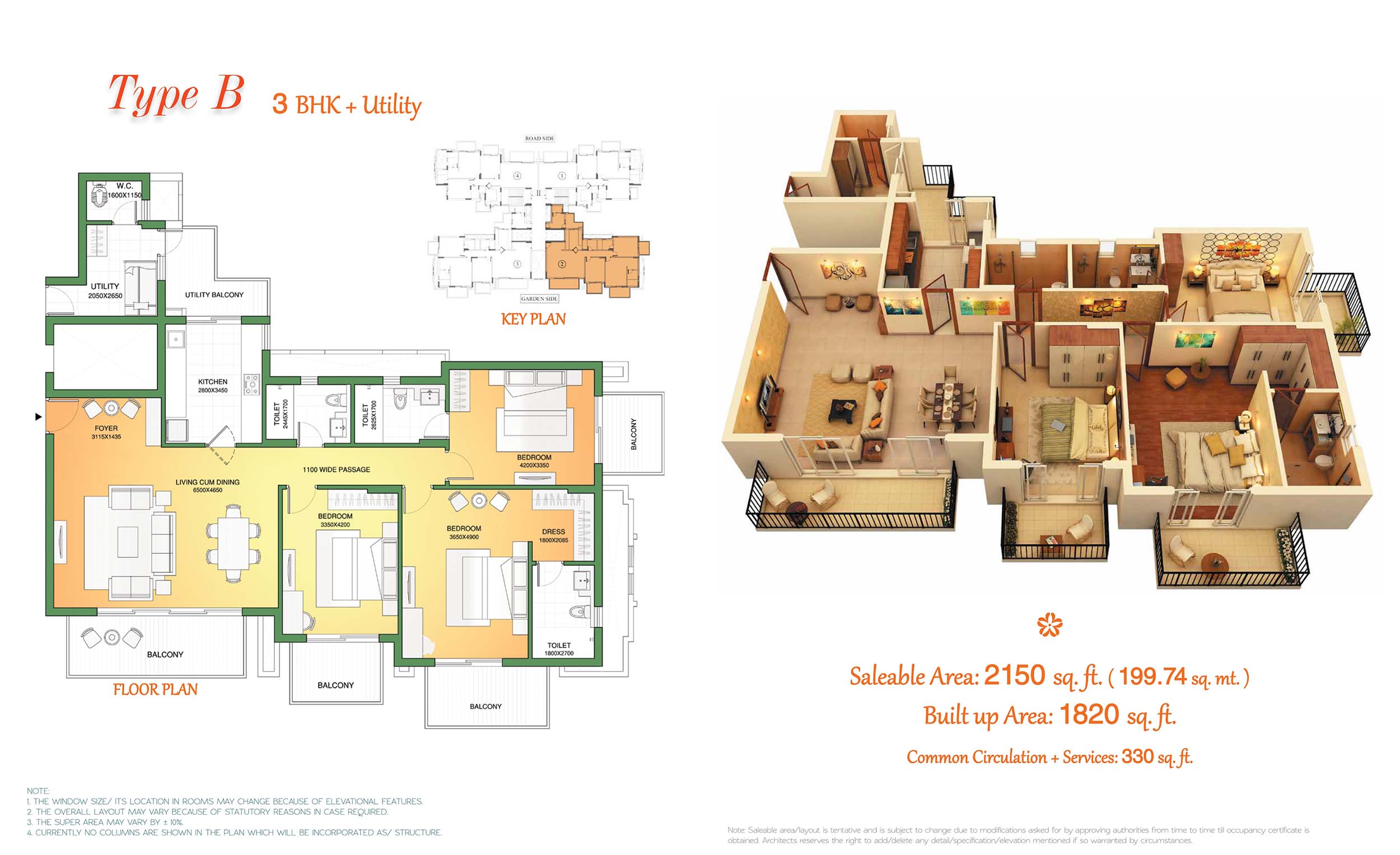 3 BHK floor plan variation 2