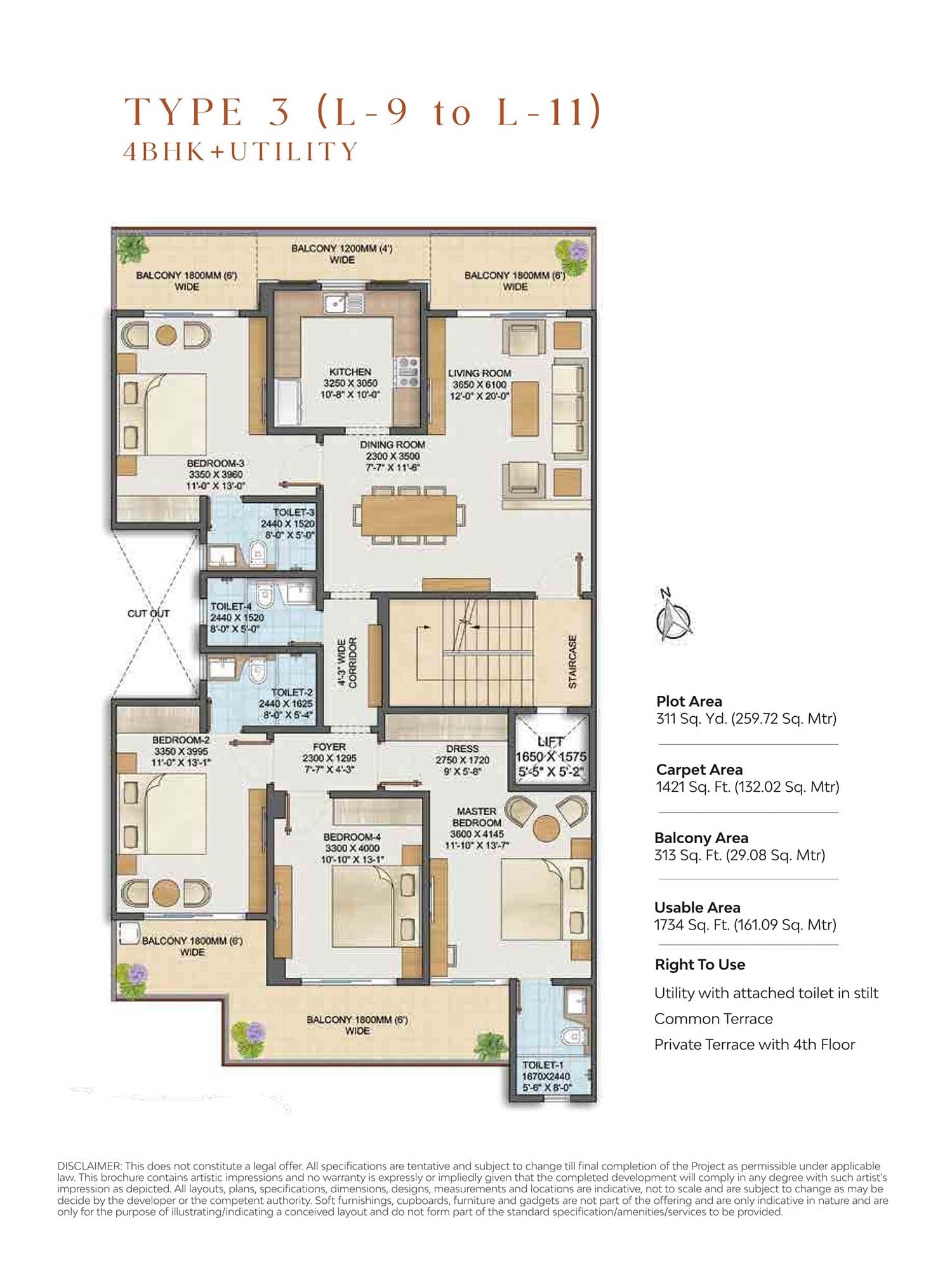 4 BHK floor plan variation 3