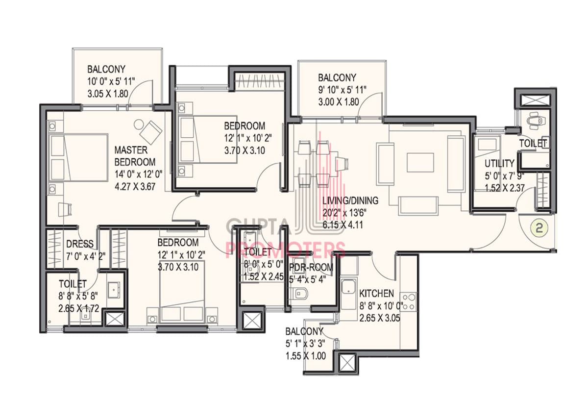 3 BHK floor plan variation 2