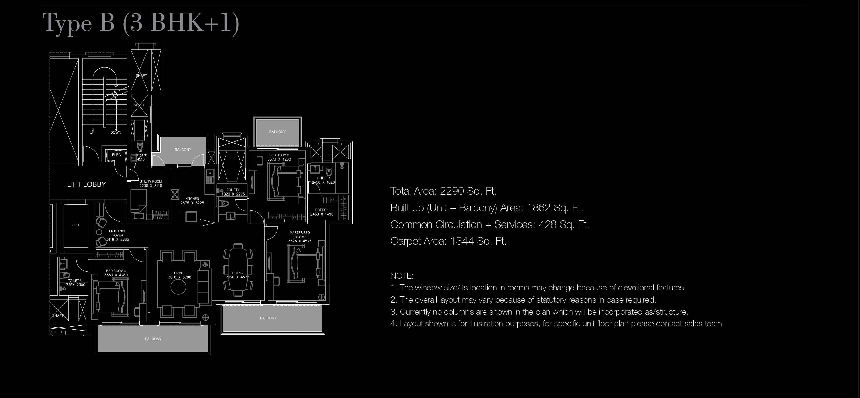 3 BHK floor plan variation 1