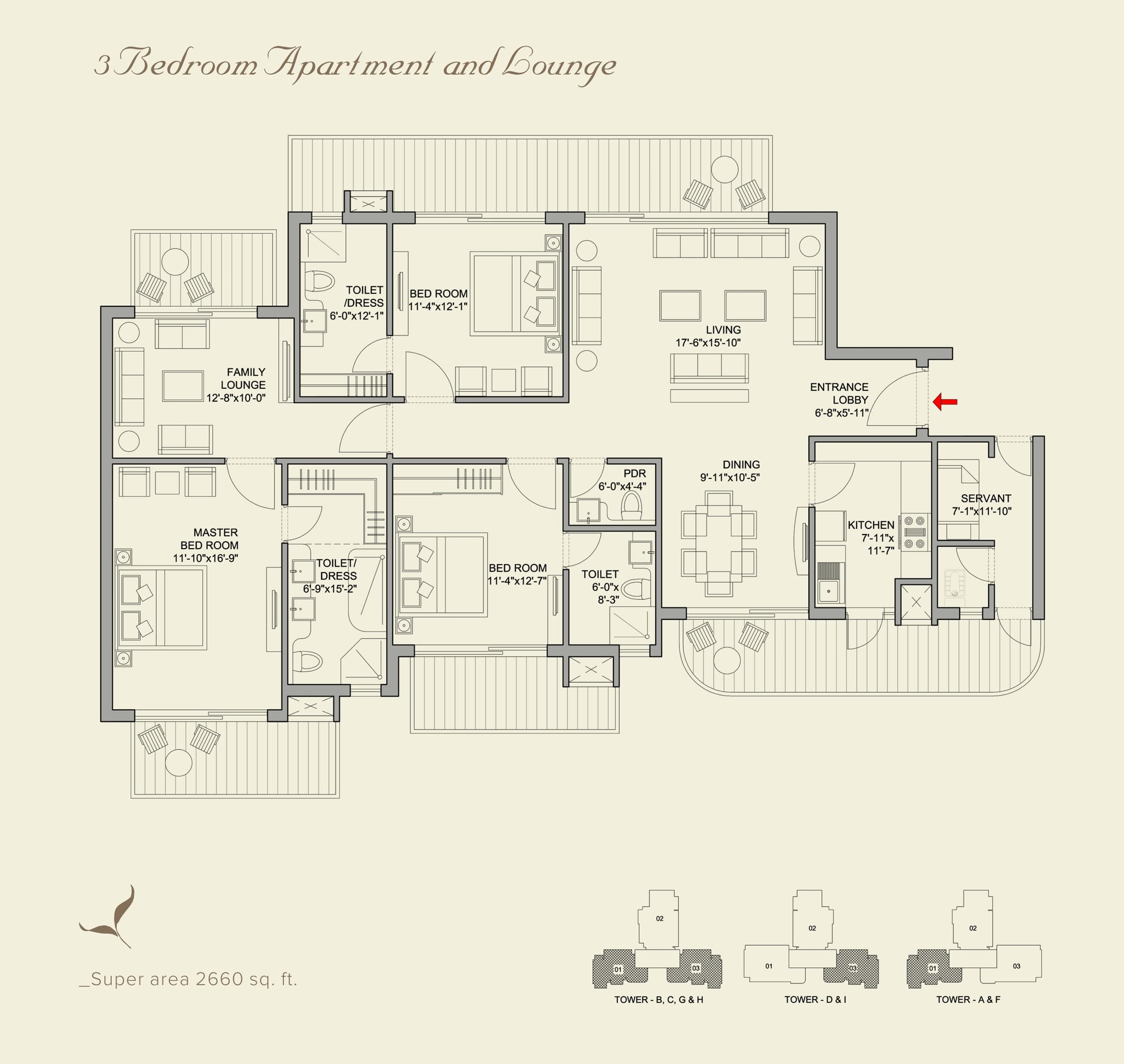 3 BHK floor plan variation 1