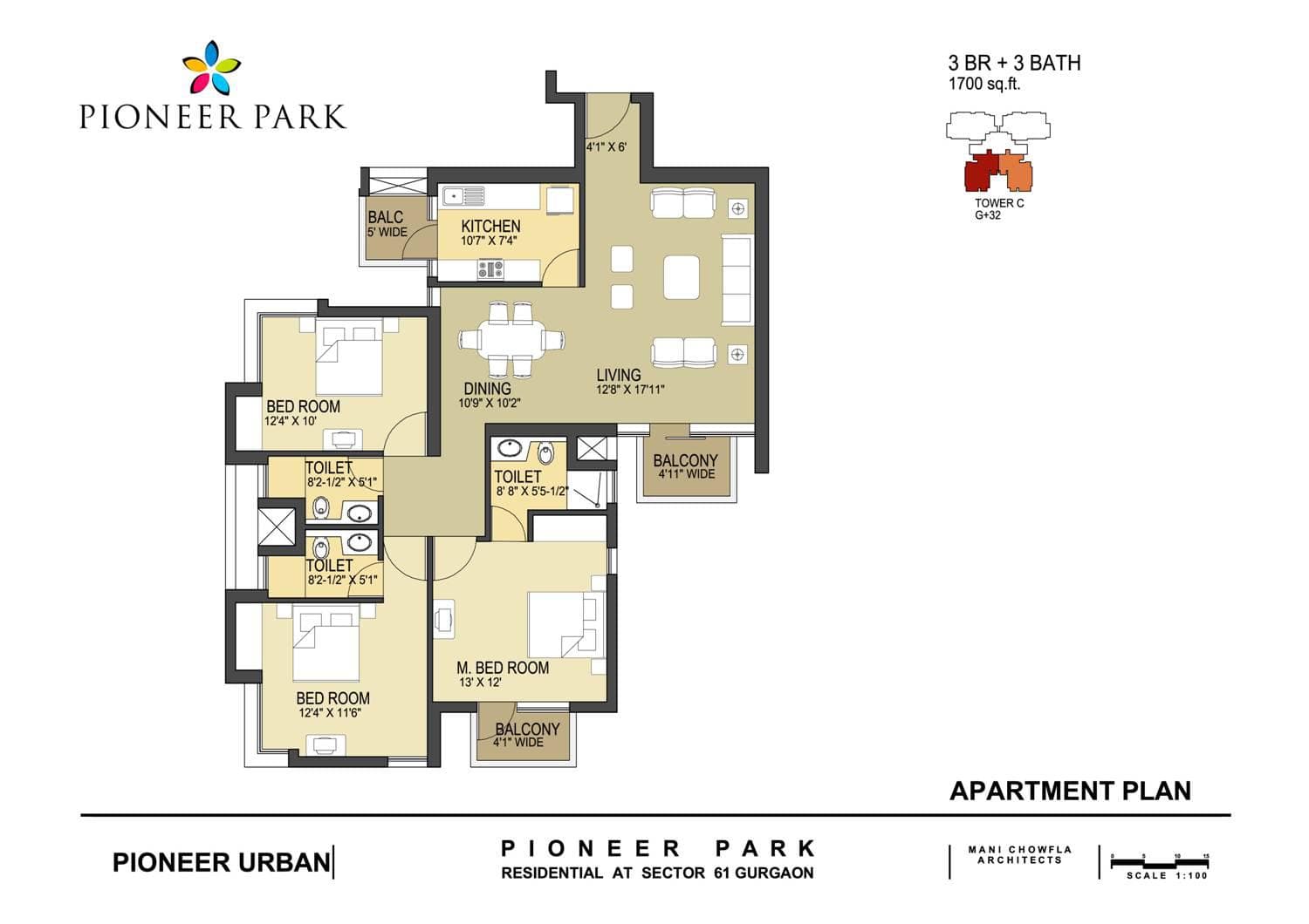 3 BHK floor plan variation 2