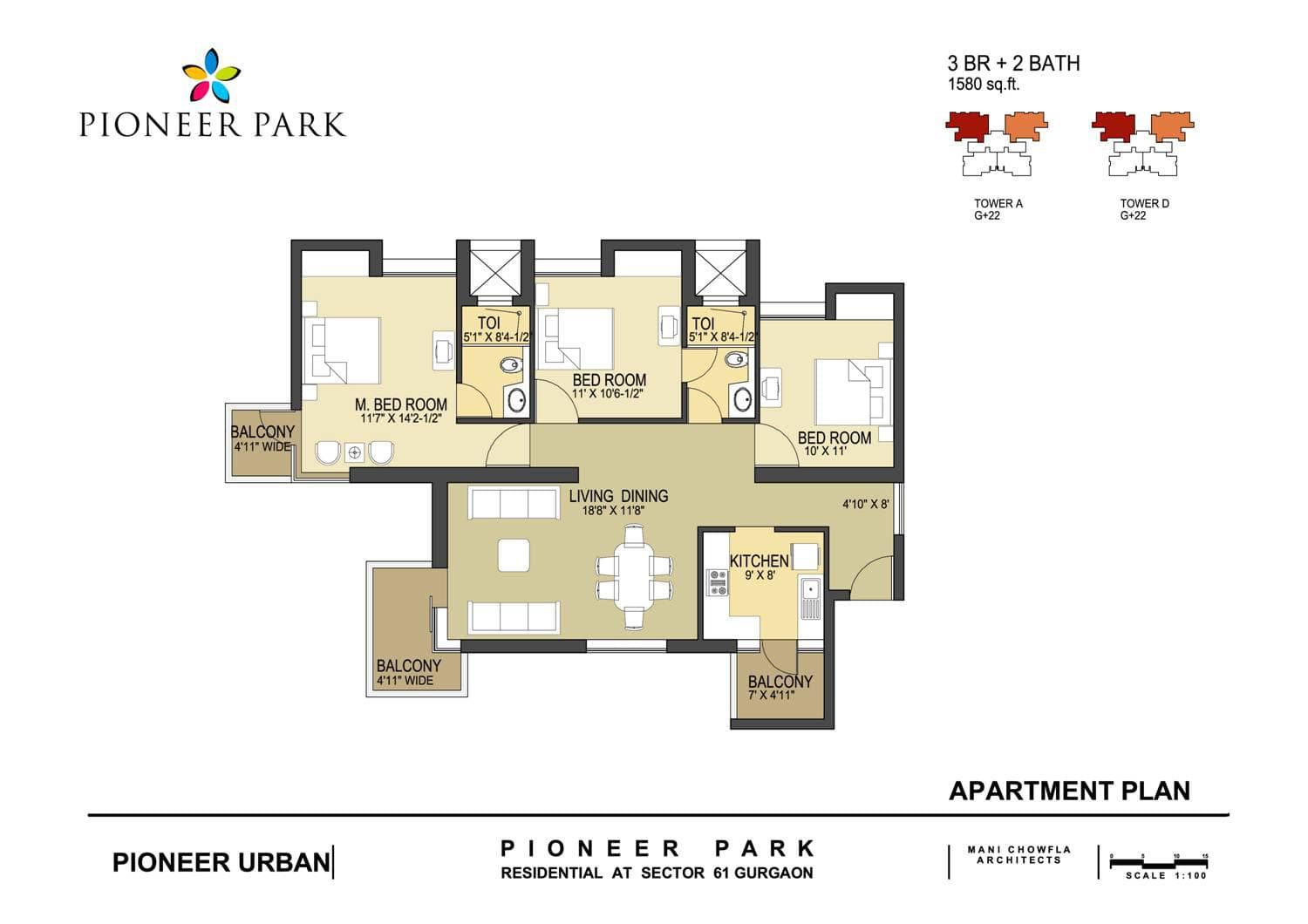 3 BHK floor plan variation 3