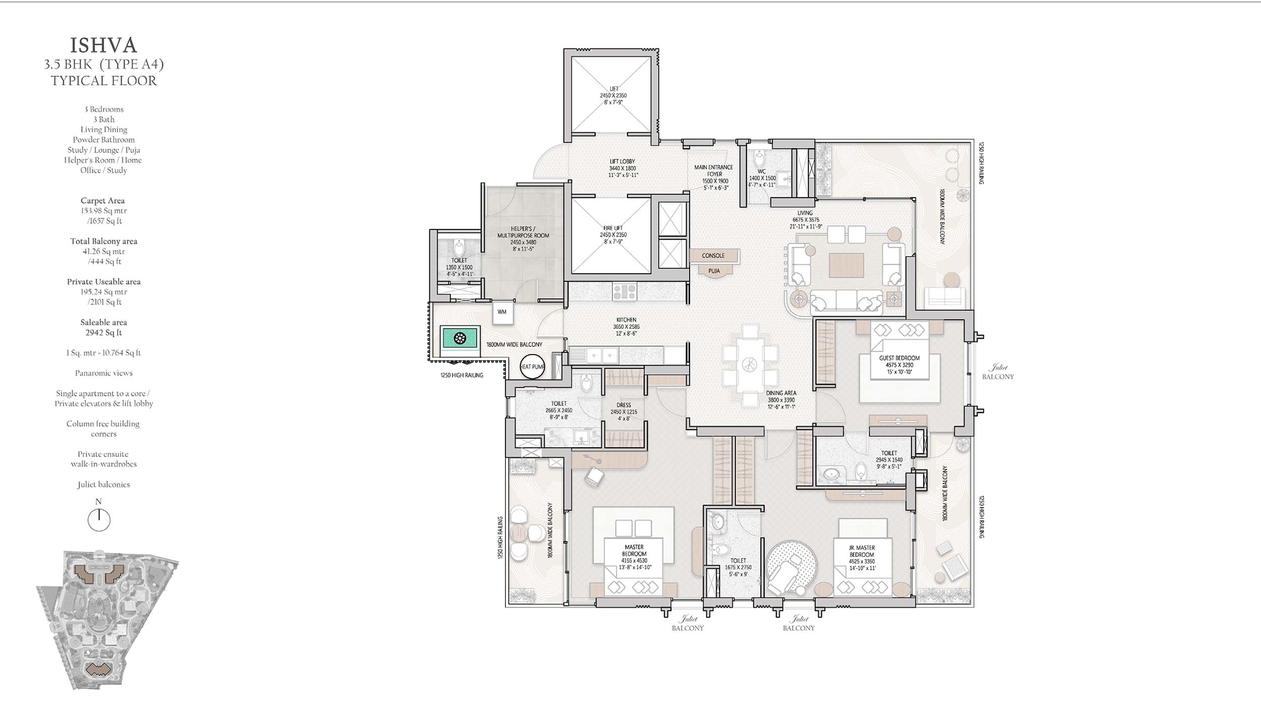 3 BHK floor plan variation 1
