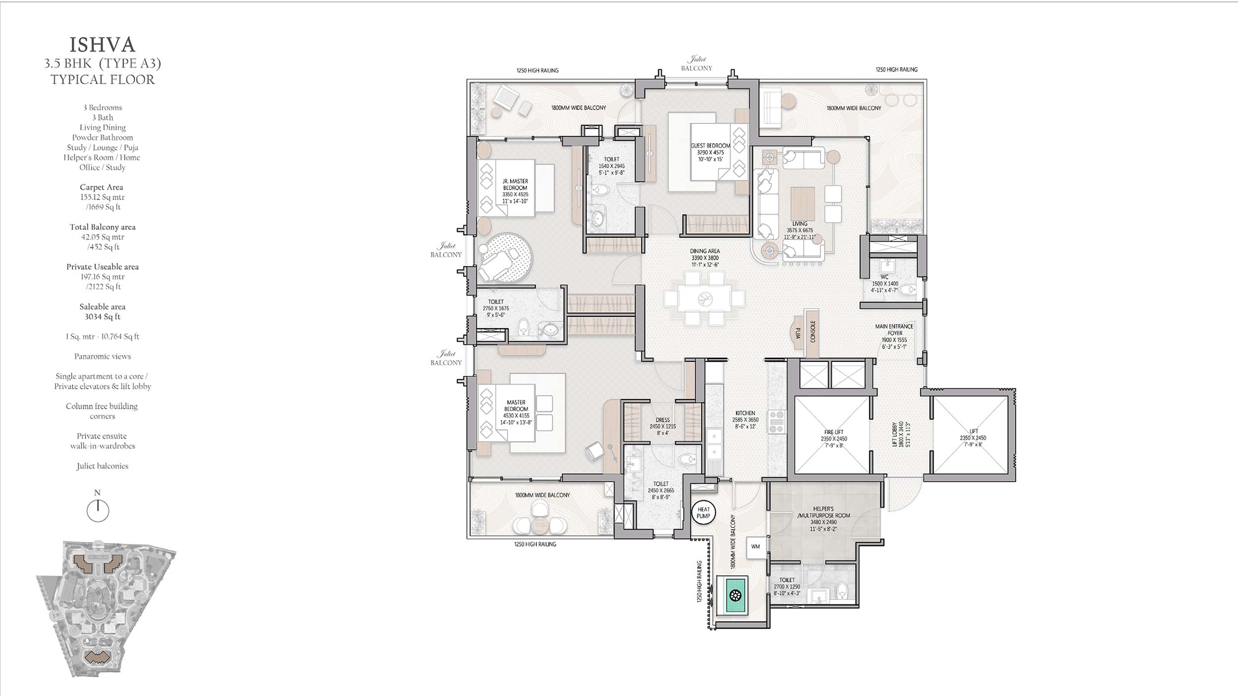 3 BHK floor plan variation 2