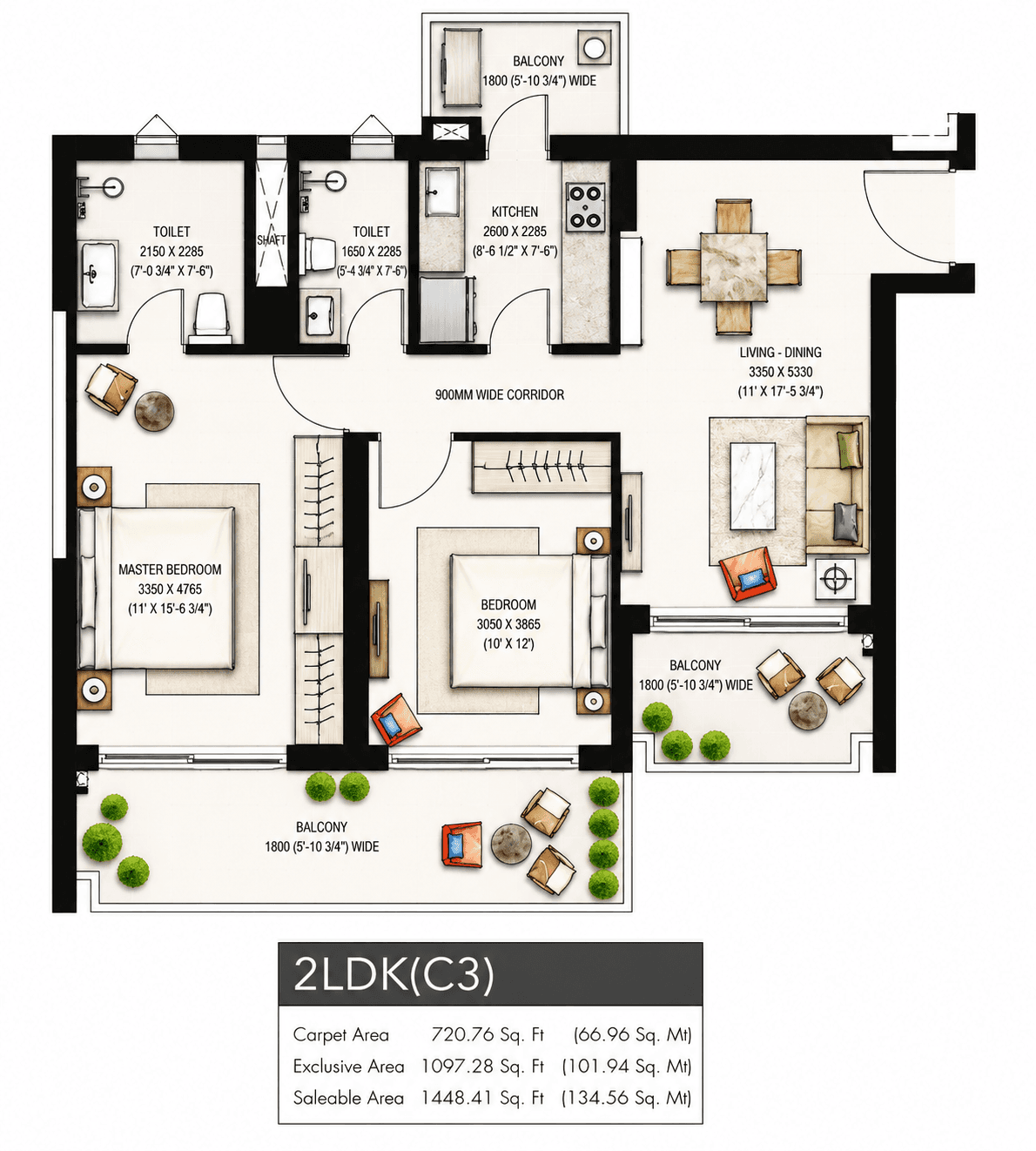 2 BHK floor plan variation 1