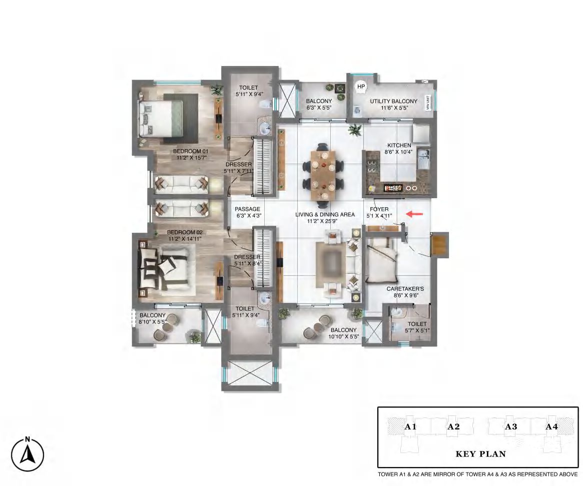 2 BHK floor plan variation 3