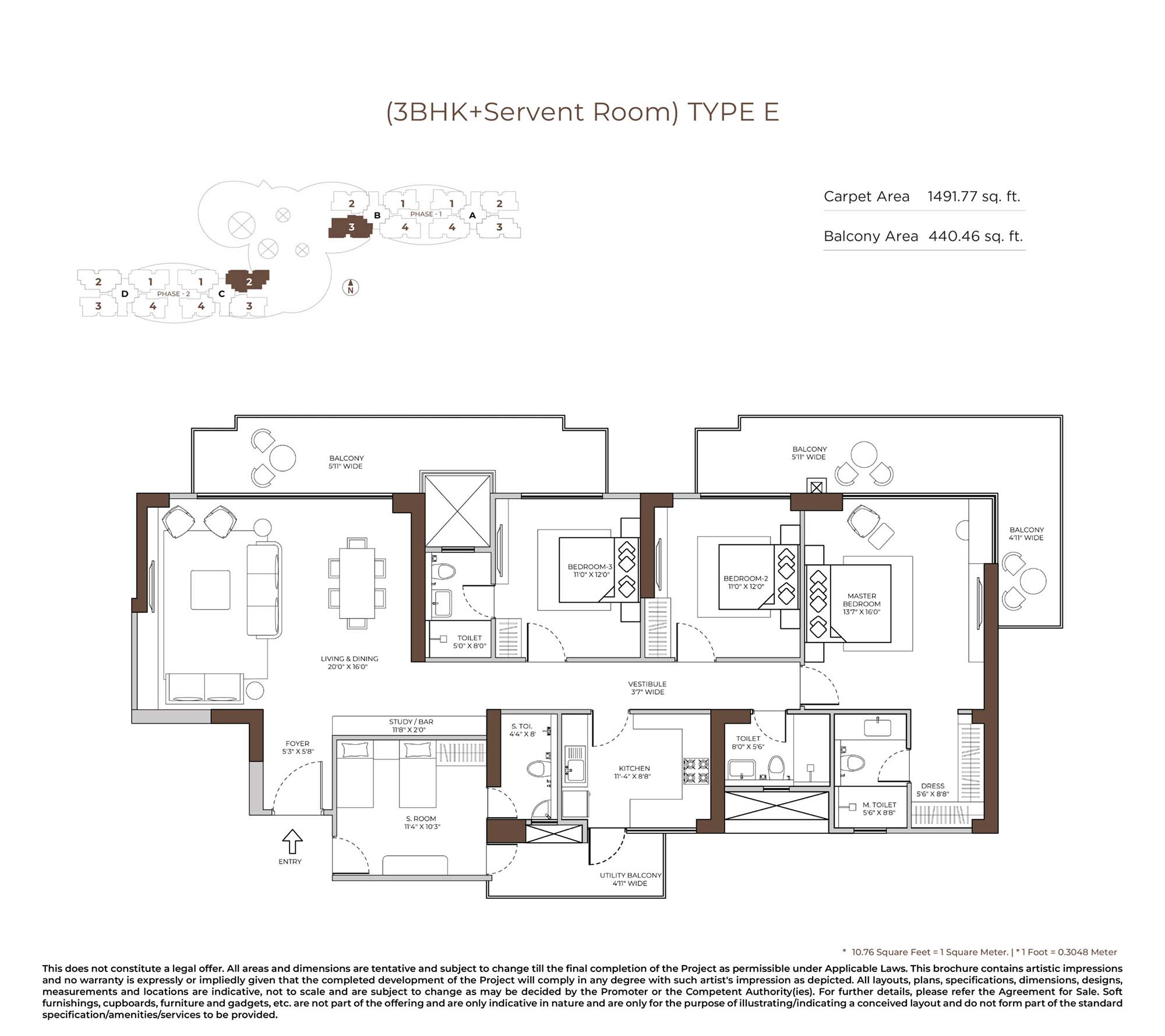 3 BHK floor plan variation 4