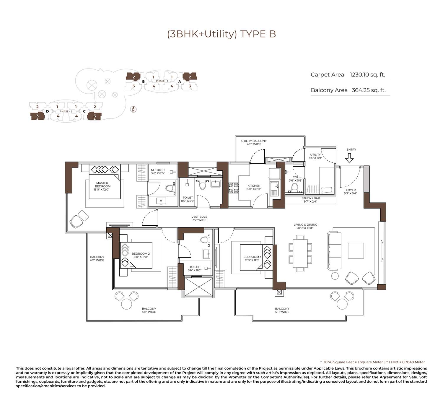 3 BHK floor plan variation 2