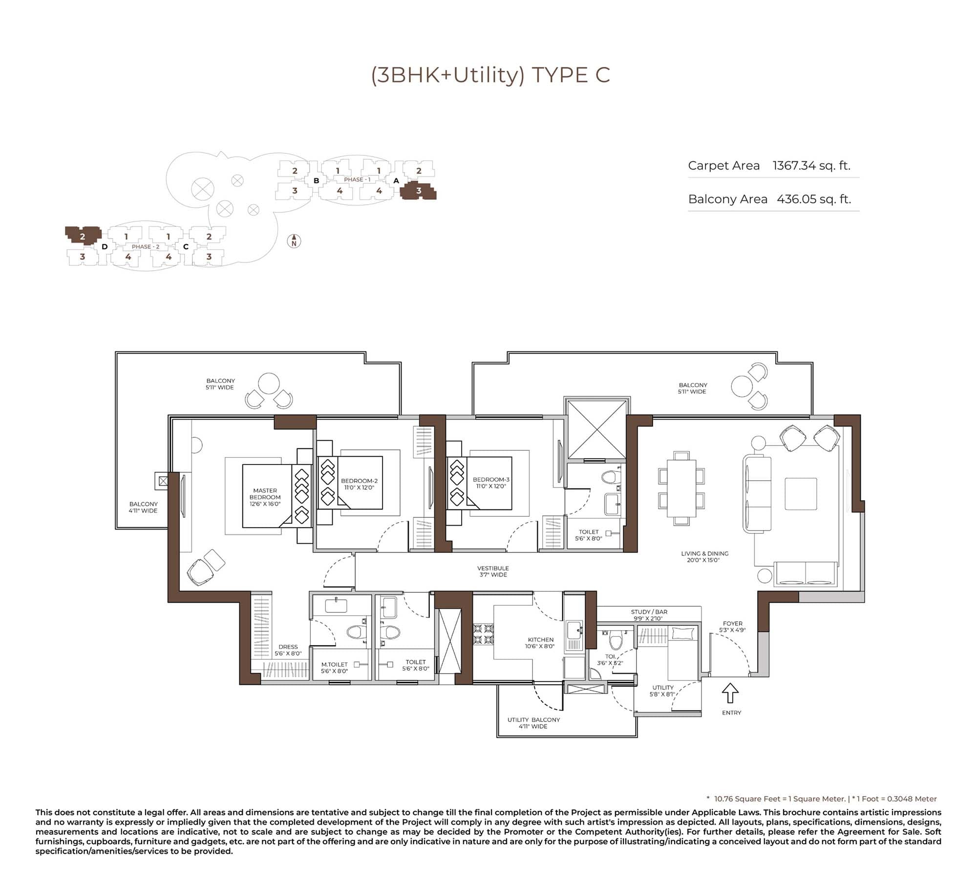 3 BHK floor plan variation 3